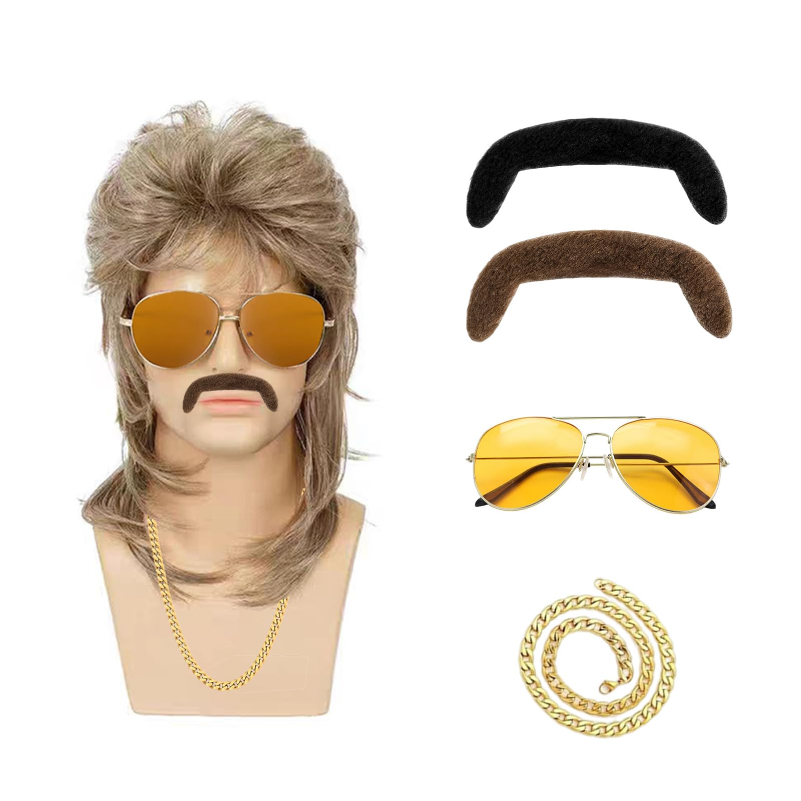 5 Pcs Brown Wig Set - Pop Rock 80s Mullet Wave Hair for Men - Artificial Halloween Costume Party Fashion Accessories