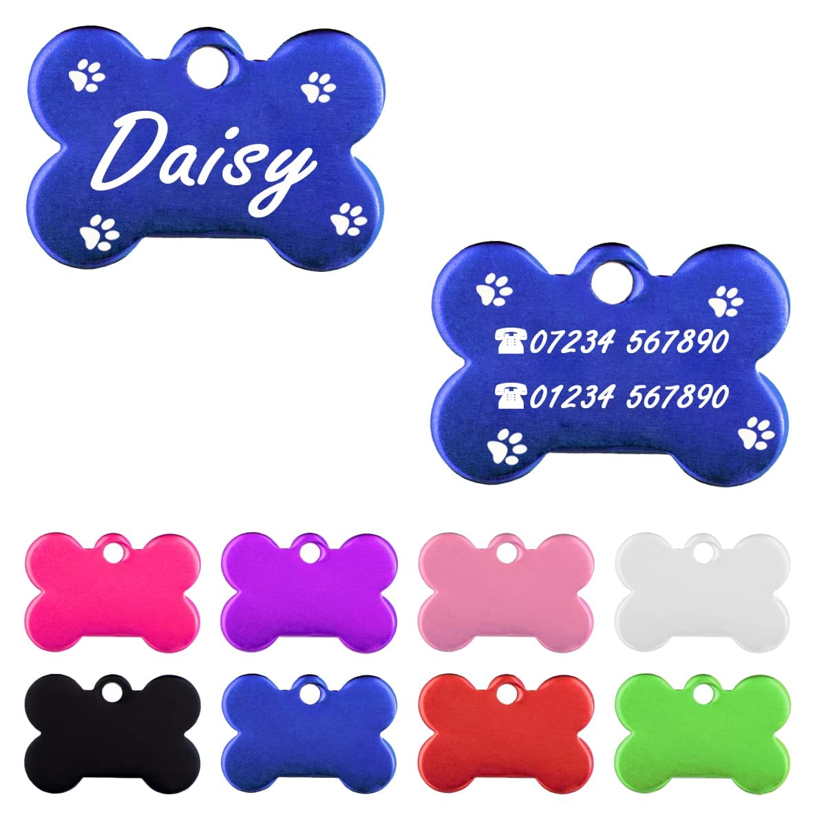 Iberiagifts - Bone ID Tag with Paws for Very Small Pets or Puppies, for Dogs and Cats, Engraved and Personalised (Blue)