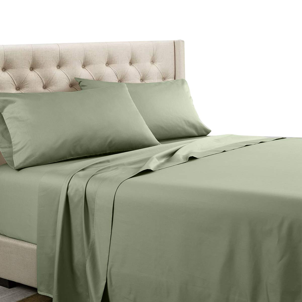 sheetsnthings Un-Attached Waterbed Sheet Set, 100% Cotton -Solid Sage, California King Size- 600TC, Soft Waterbed Sheets