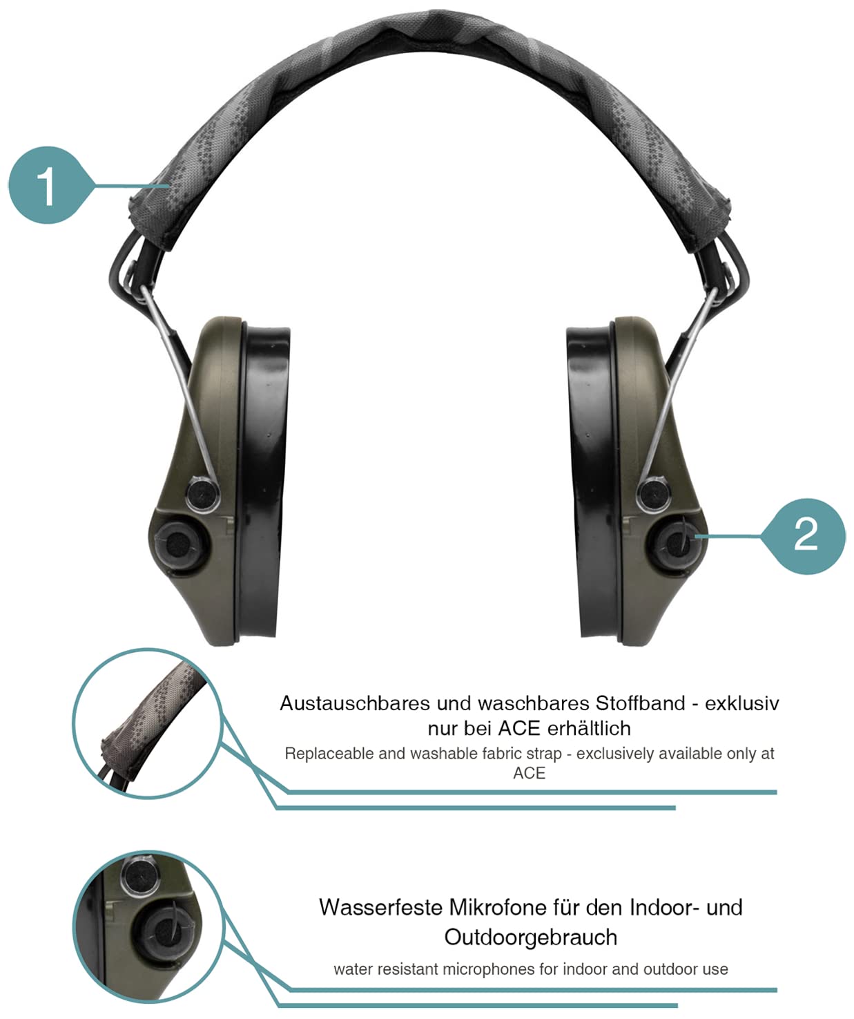 ACE Sordin Pro-X Aktiver Kapsel-Gehörschutz - EN 352 - mit Night-Camo-Stoffband, Gelkissen & grünen Kapseln