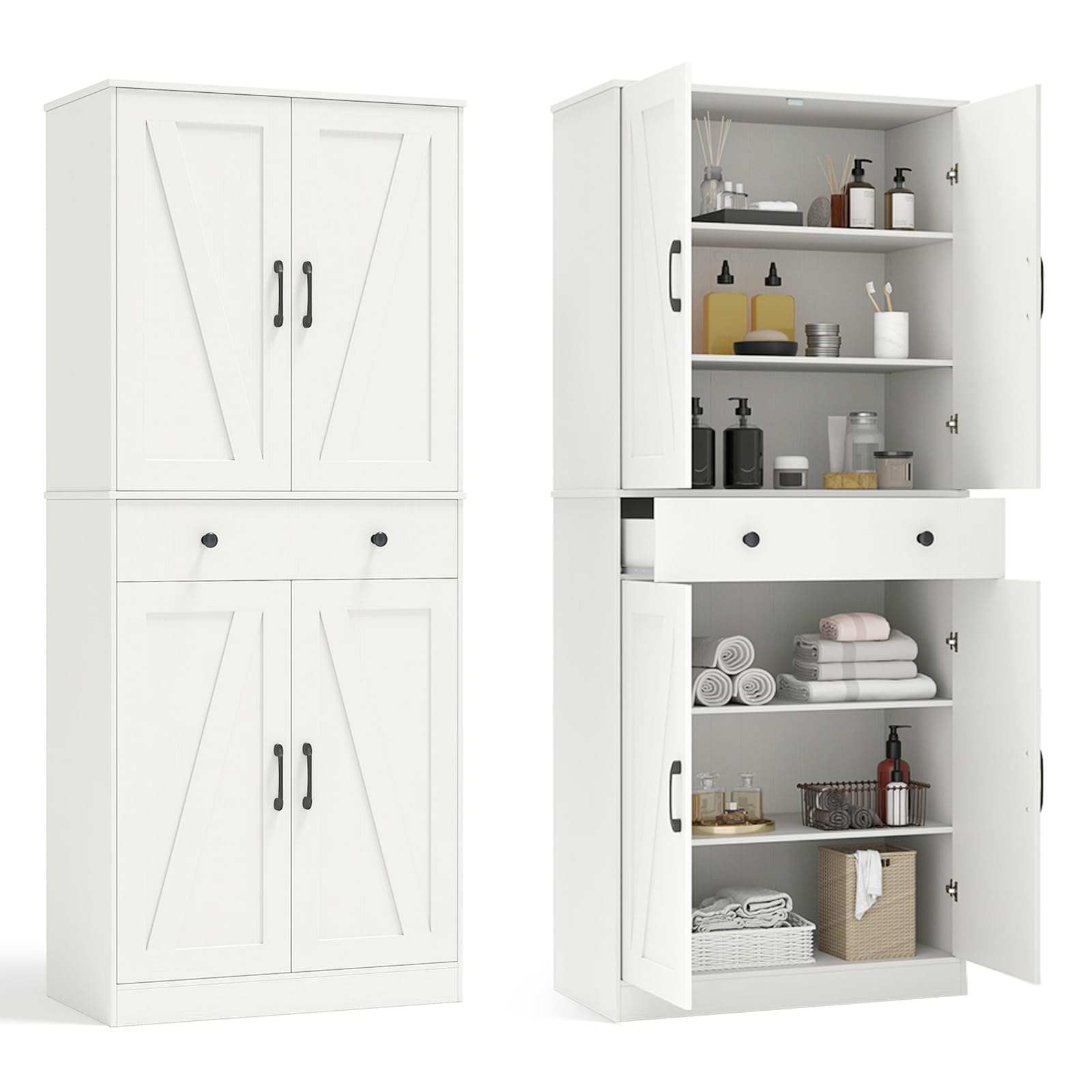COSTWAY Armoire de Rangement 183 cm, Armoire Chambre 4 Portes avec Grand Tiroir, 3 Étagères Ajustables, Style Porte Grange Moderne, 2 Kits Anti-Basculement, pour Salon, Salle de Bain (Blanc)