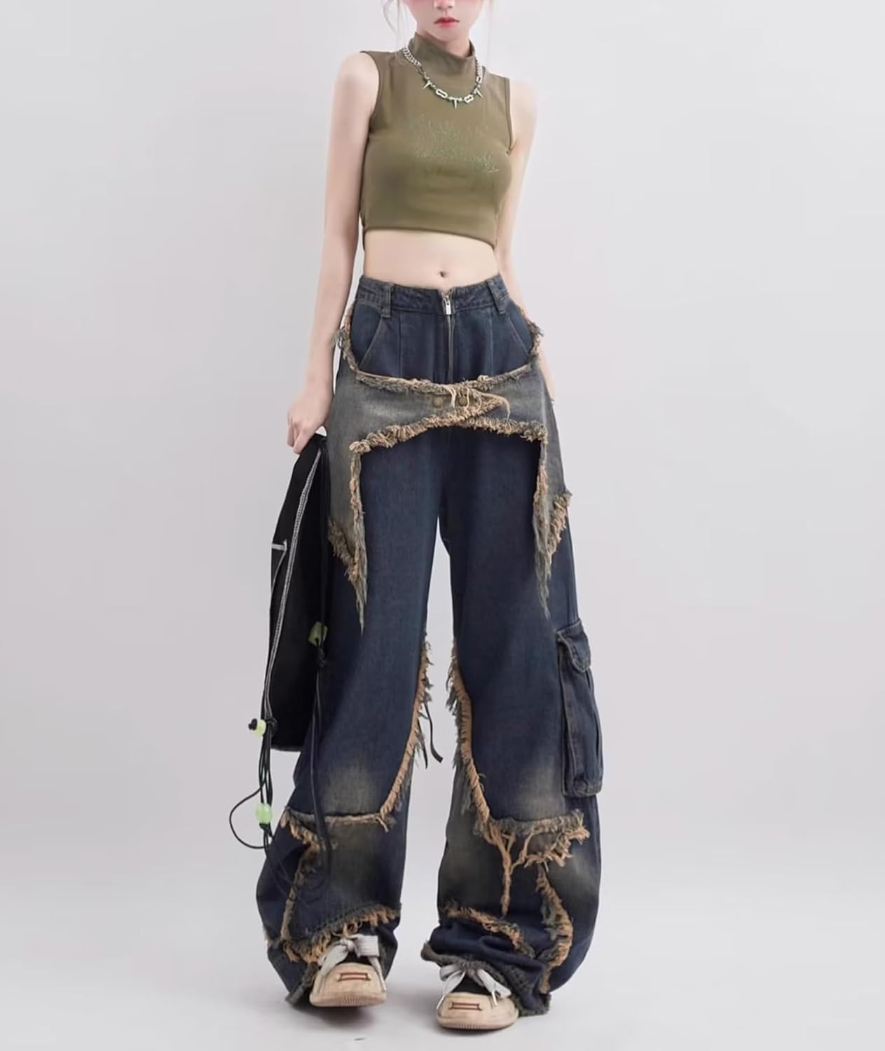 xxxiticat Women's Denim Jeans High Waisted Casual Zipper Closure Five Pointed Star Embroidery Wide Leg Baggy Trouser Pants