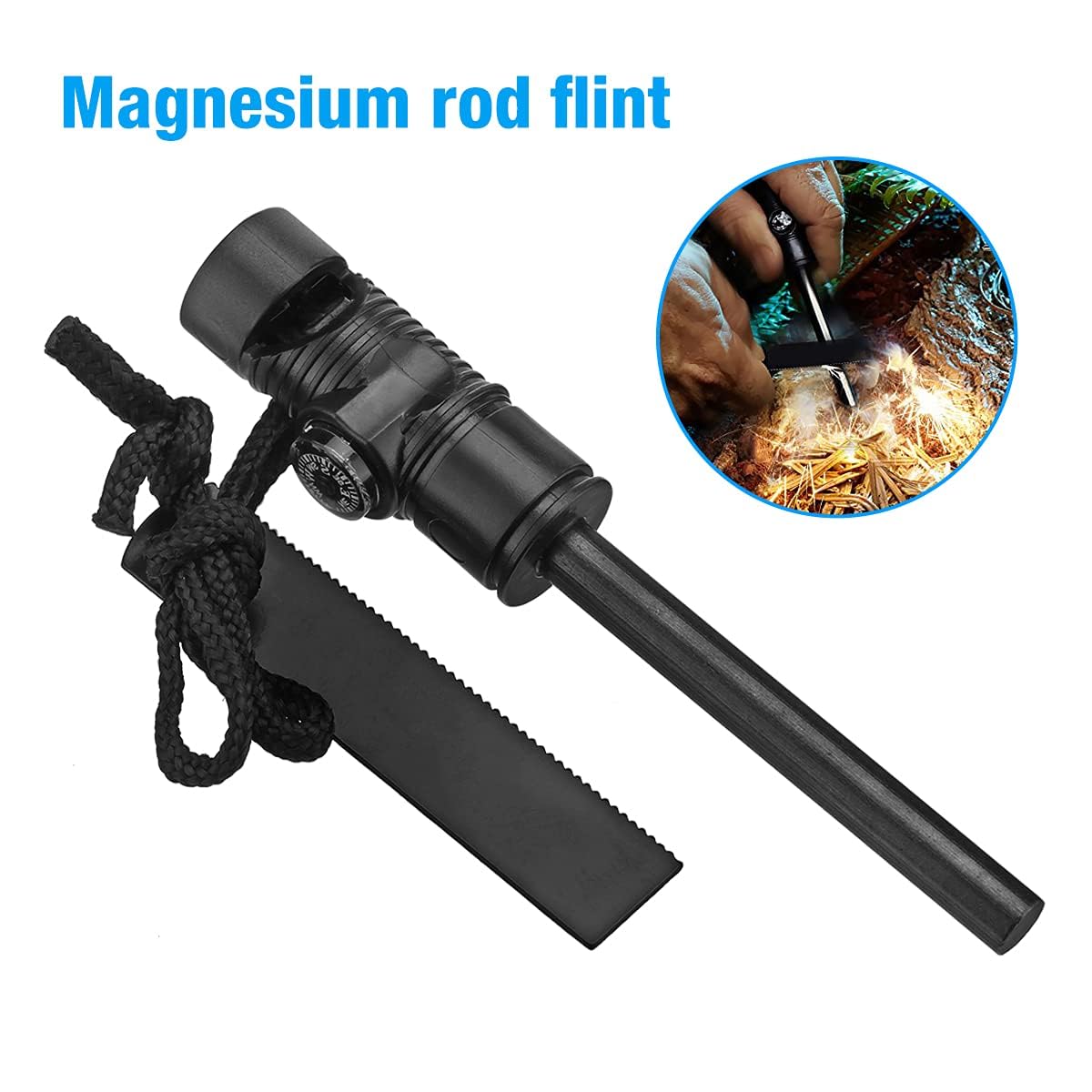 Feuerstarter mit Kompass, Paracord und Pfeife - Wasserdichtes Feuerstahl Survival Feuerzeug für Ihre Camping, Wandern und Rucksackreisen Ausrüstung Allwetter Magnesium Ferro Rod