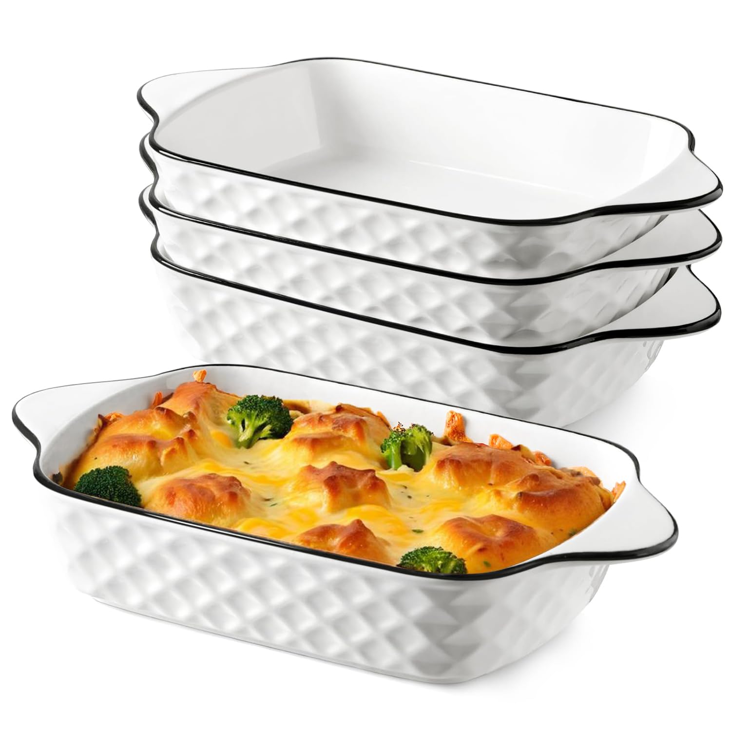 Angju Baking Dishes Set of 4, 34Oz Rectangular Lasagne Dishes - Diamond Design - Small Ceramic Baking Dish, Rectangular Bakeware with Handles, Oven Safe & Microwave Safe