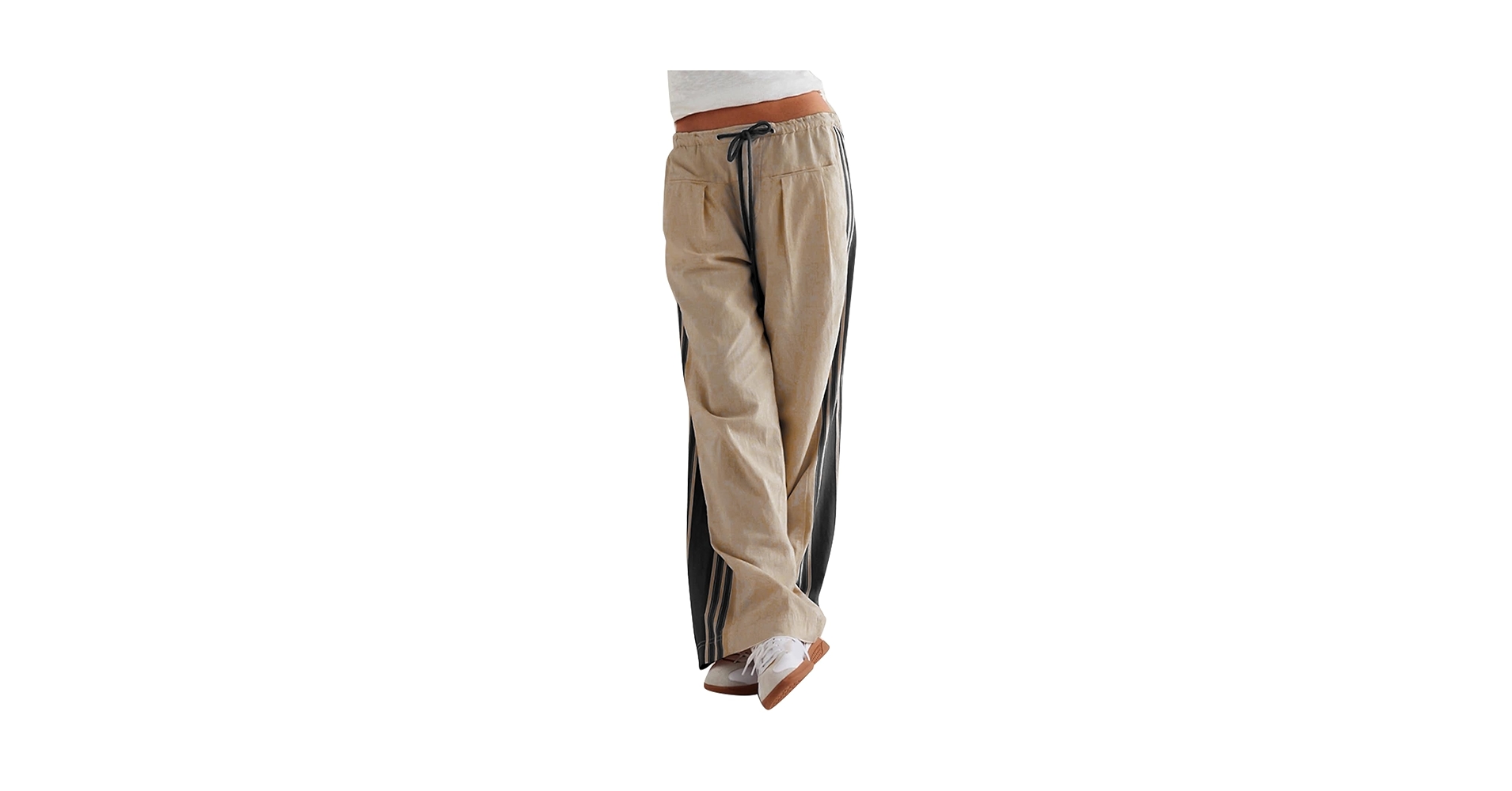 Side Striped Pants Women Drawstring Wide Leg Pants High