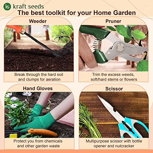 Kraft Seeds Combo Gardening Tools -10 Pcs | Gardening Tools Set with Heavy Gardening Scissors and Re-usable Hand Gloves | Gardening Tools Kit for Home Garden | Storage Box Gifts for Home and Garden