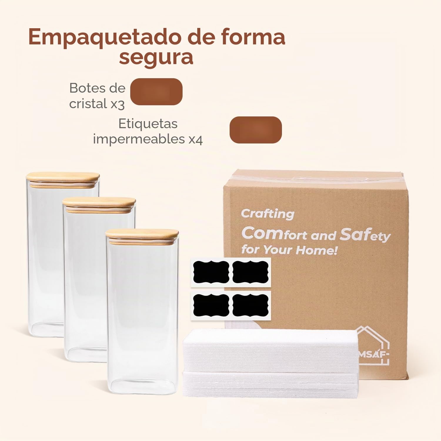 ComSaf Recipientes rectangulares de vidrio de 2 cuartos de galón con tapas, tarros de vidrio con tapas de bambú, tarro transparente para alimentos, juego de 3 recipientes cuadrados, organizadores de