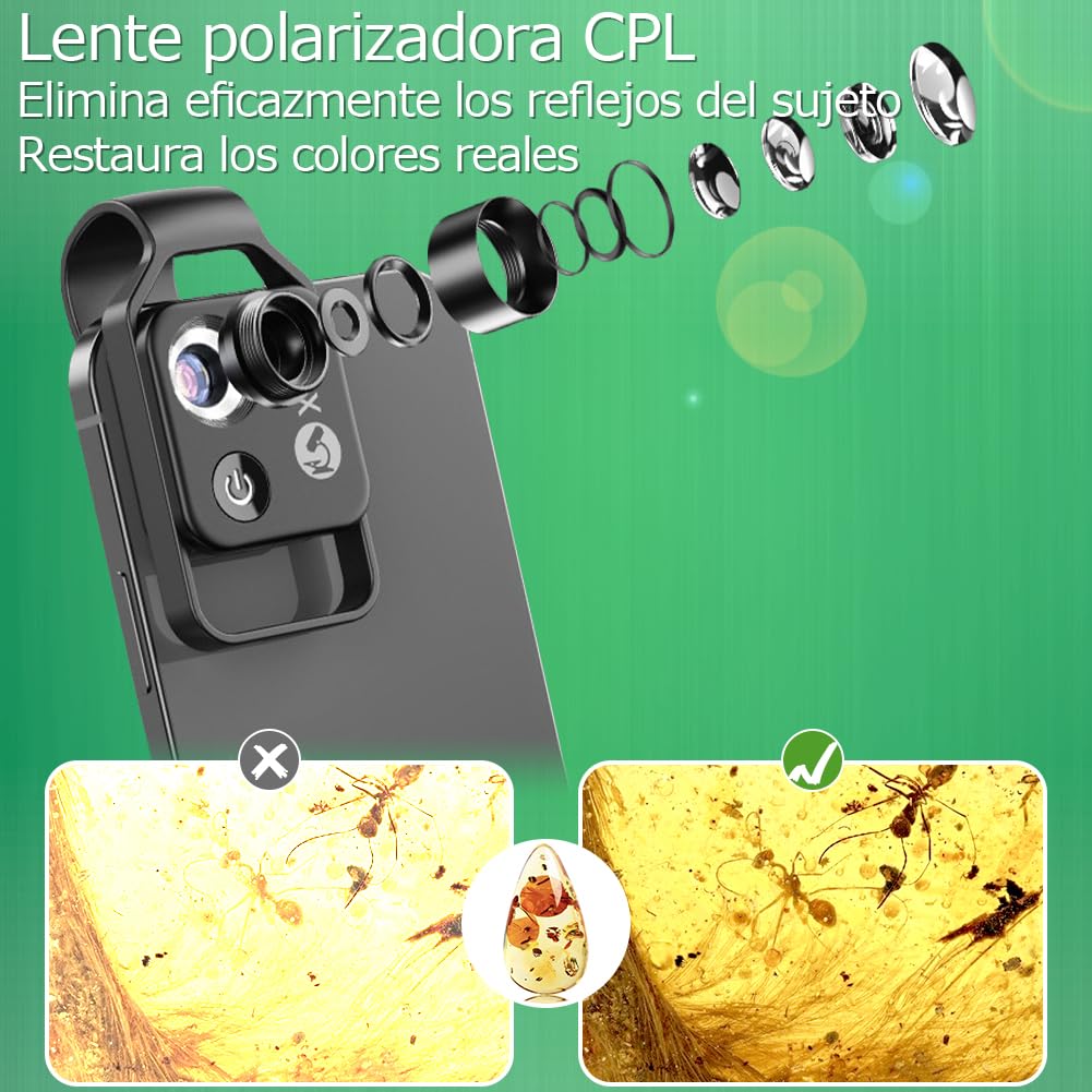 BIGFOX Microscopio de Teléfono con Luz LED, Portátil Microscopio HD 200X con Filtro CPL e Clip Universal para 99% Smartphone Niños y Adultos Exploran el Microcosmos(Plata)
