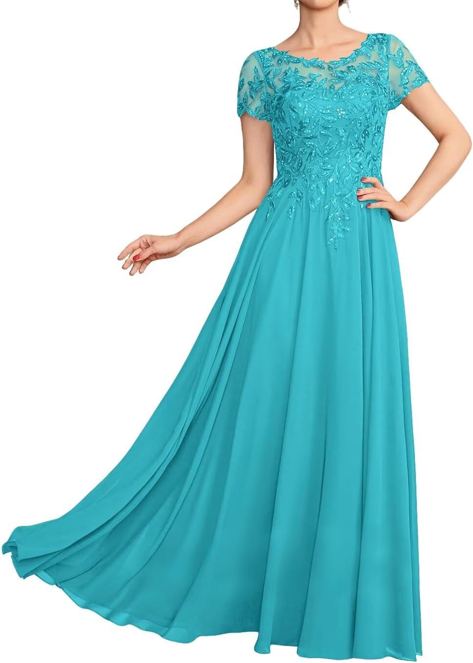 Short Sleeve Mother of The Bride Dresses for Wedding Lace Appliques Chiffon Formal Dress He6071