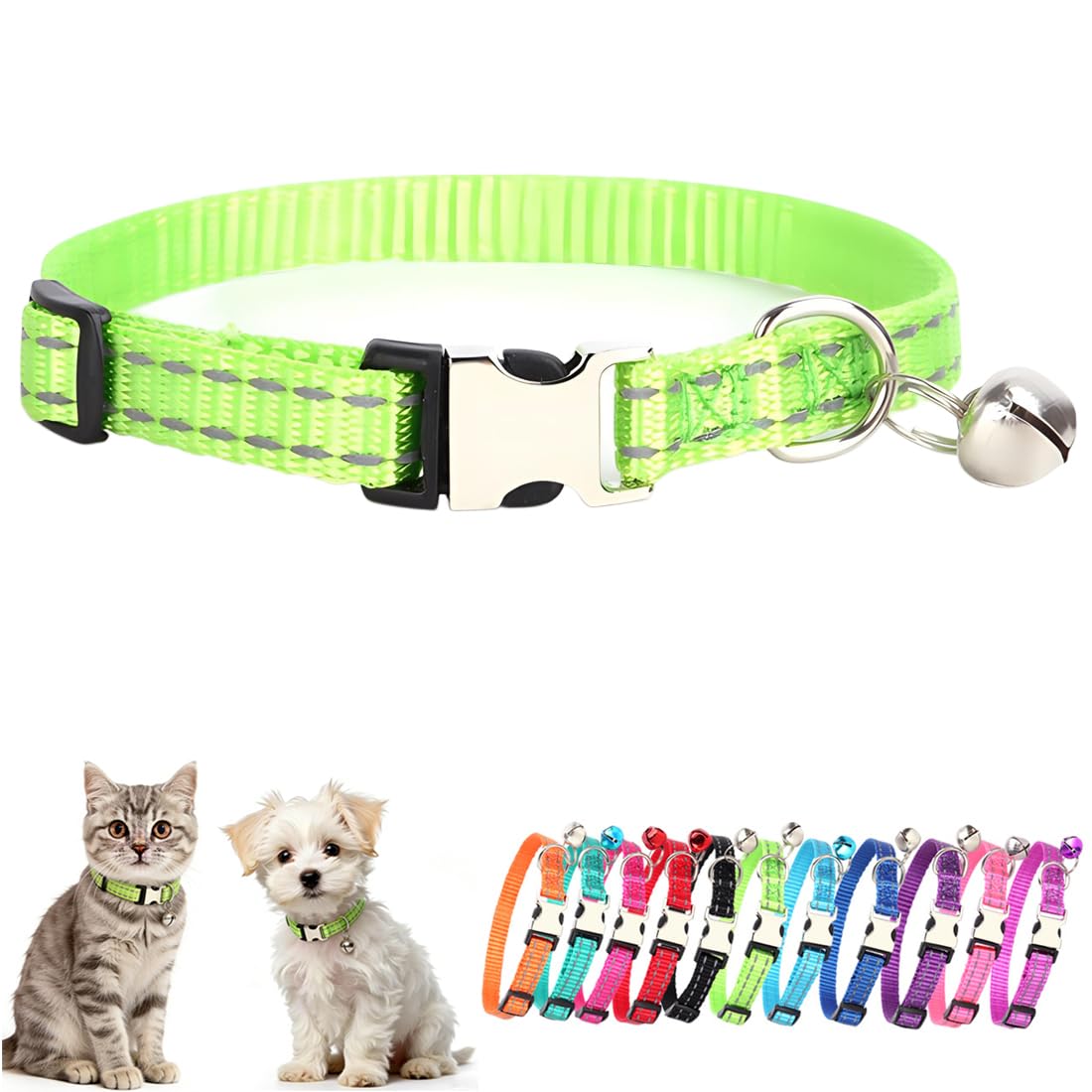 Green Extra Small Dog Collar With Bell, Reflective Puppy Collar Metal Buckle Cat Collar With Bells Adjustable For XXS XS Tiny Little Breed Dogs Kitten Boys Girls Male Pets Like Chihuahua, X-Small