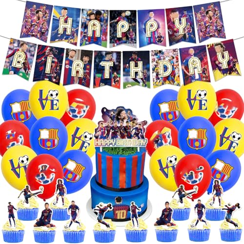 Barce-lona Juego de decoración de cumpleaños de fútbol, juego de 32 globos decorativos de cumpleaños, decoración de fiesta de cumpleaños para niños, decoración de pancarta de cumpleaños, decoración de