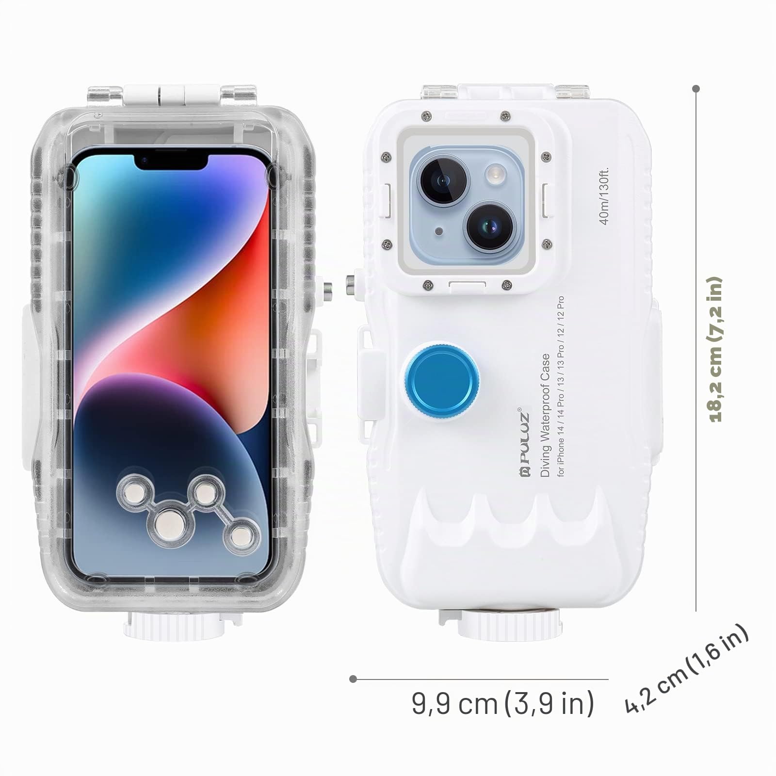 PULUZ Funda impermeable para iPhone 14/14 Pro/13/13 Pro/12/12 Pro, funda protectora de policarbonato y vidrio de 40 m/130 pies, funda de buceo impermeable para surf, esnórquel, flotante, color blanco