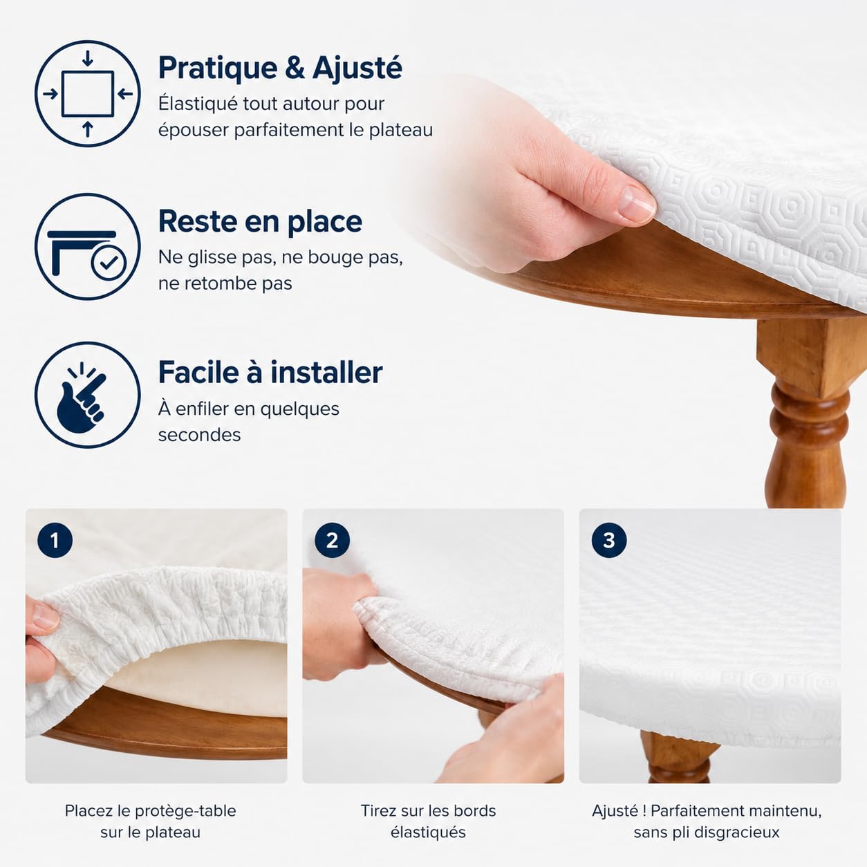 D'CLIC Protège Table Rond Élastiqué 110 à 123 cm – sous Nappe de Protection Mousse PVC molletonnée – Molleton Épais Antichoc et Anti-Tâches – Protection de Table – Fabrication Française