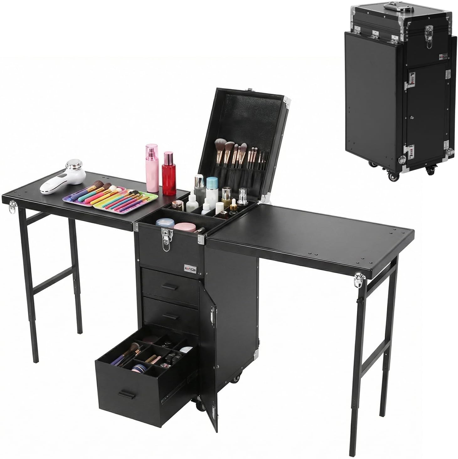 Foldable Rolling Manicure Table with Wheel & Drawers Lockable Makeup Train Case Large Capacity Rolling Nail Technician Workstation for Manicurist Cosmetologist Beautician (03)