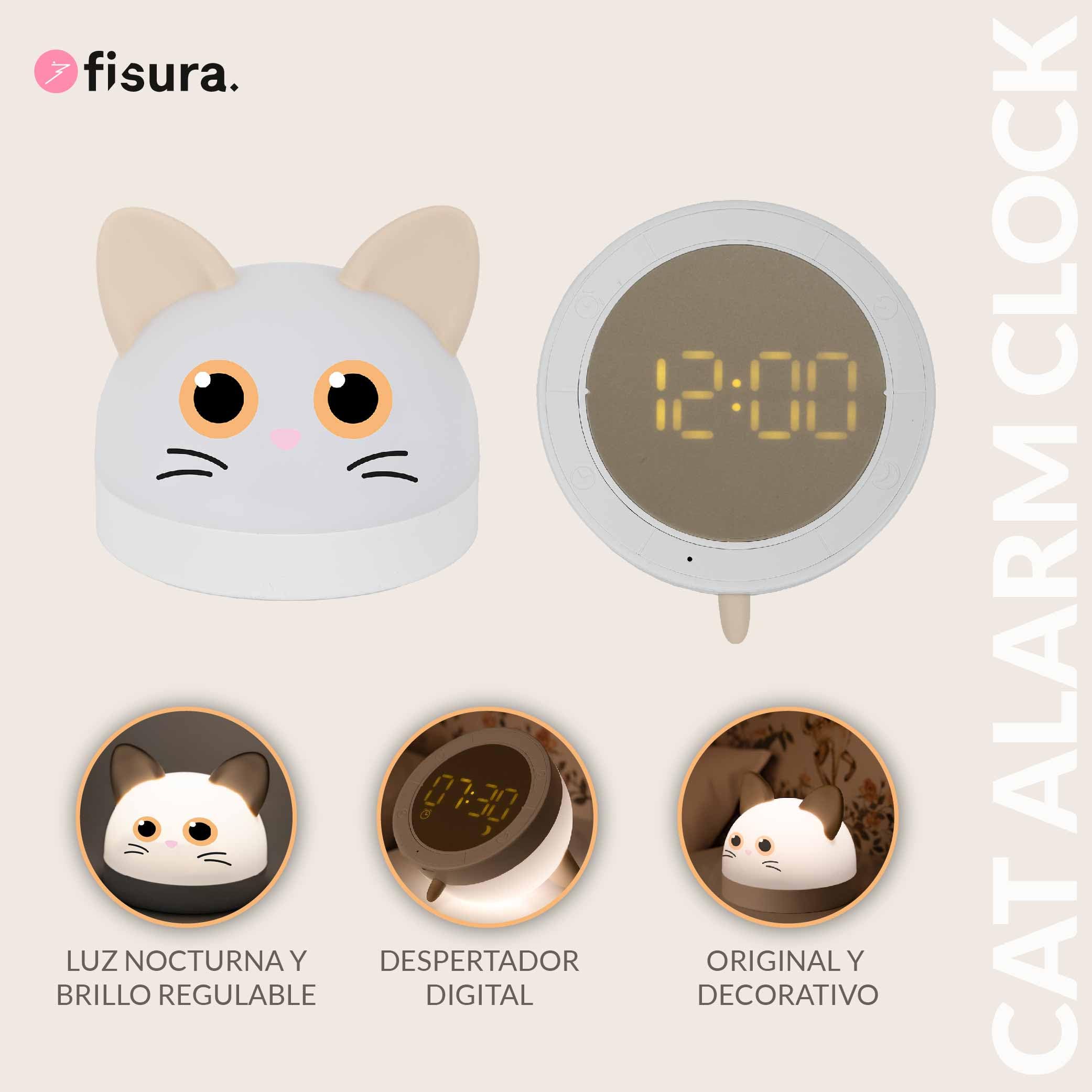 Fisura – Luz Nocturna Infantil Gato. Reloj Despertador con luz Nocturna para niños. Reloj con Pantalla LED. Quitamiedos con Brillo Ajustable. Regalo Infantil Original.