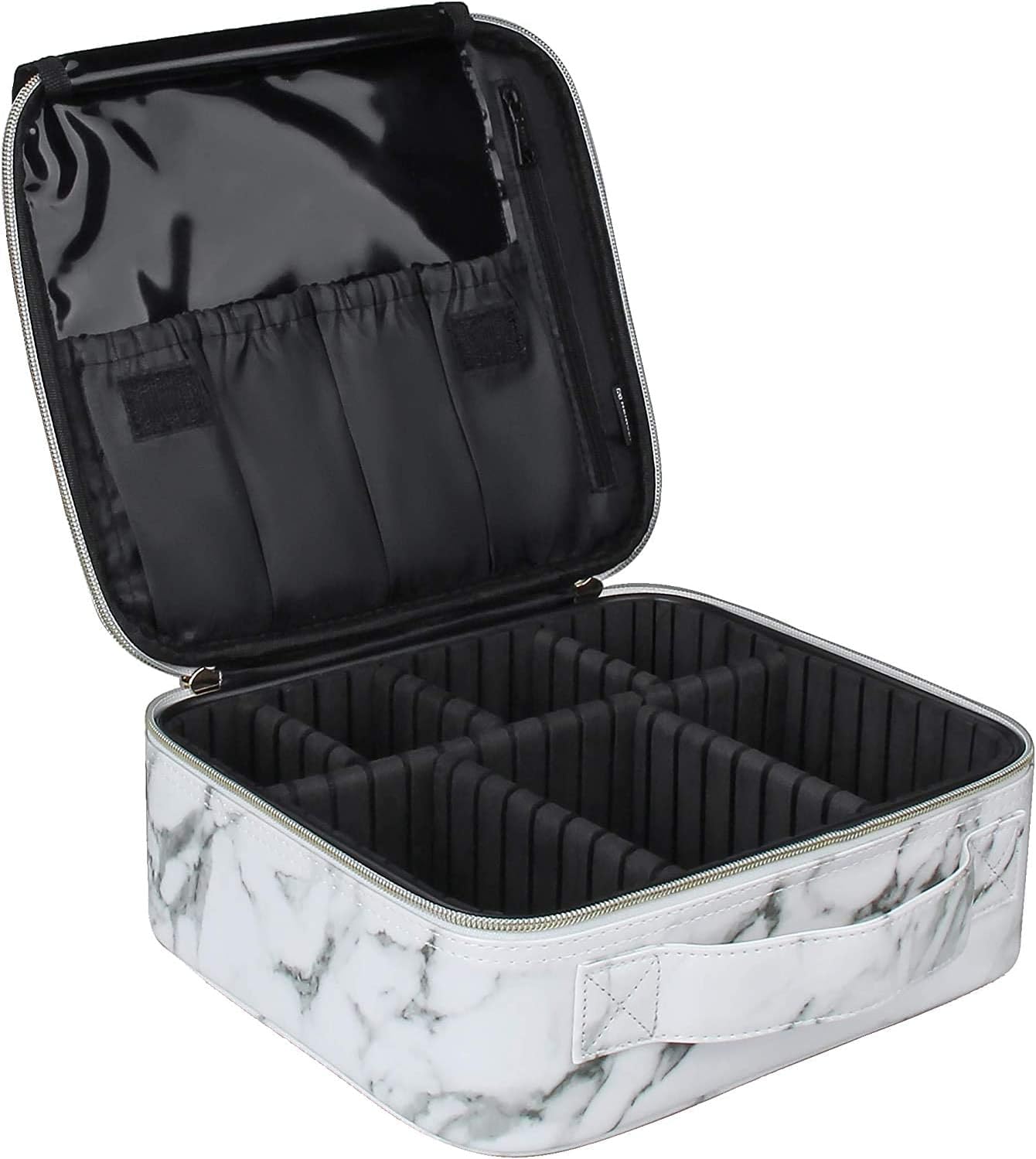 Infinity (Label) PU Professional Cosmetic Makeup Kit Storage Organizer Travel Toiletry Vanity Bag with Adjustable Compartment, 26l x 23b x 9h cm (White Marble)