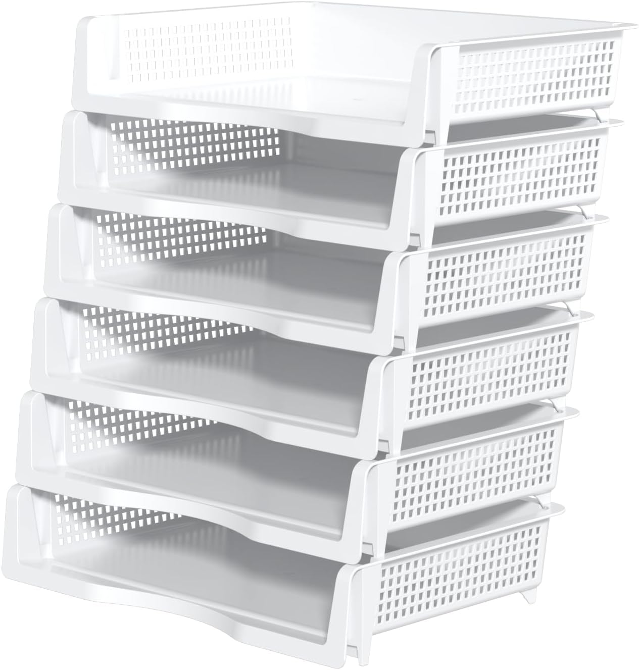6 Tier Plastic Office Paper Organizer Trays, Stackable Desk Tray for Letter Documents, White