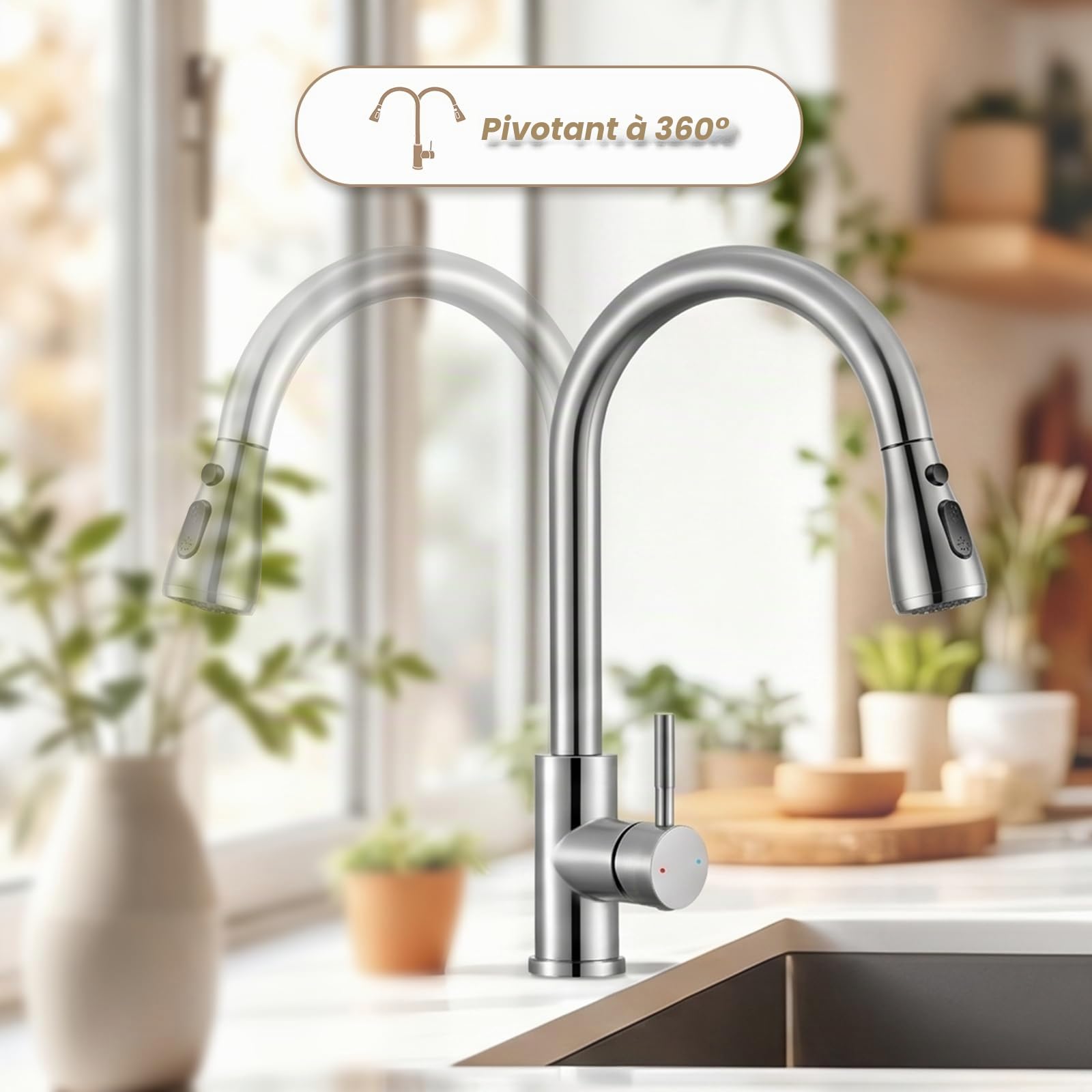 Robinet de cuisine extensible avec pivot flexible à 360°, robinet de cuisine haute pression pivotant, flexible en acier inoxydable pour la cuisine, 2 sorties d'eau