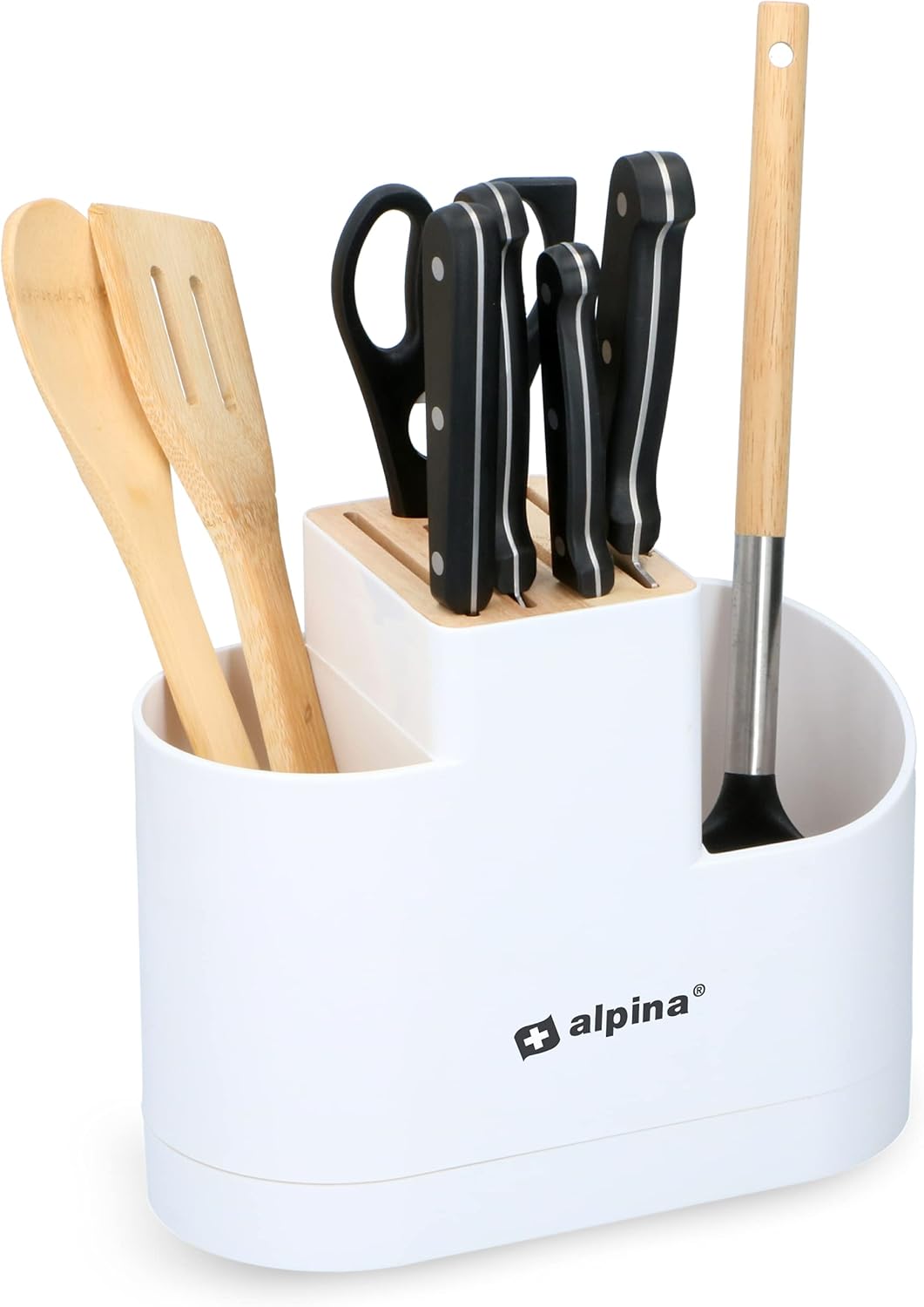 alpina Knife Block and Kitchen Utensil Holder - Kitchen Organiser - Knife Block without Knives - Plastic/Bamboo - White