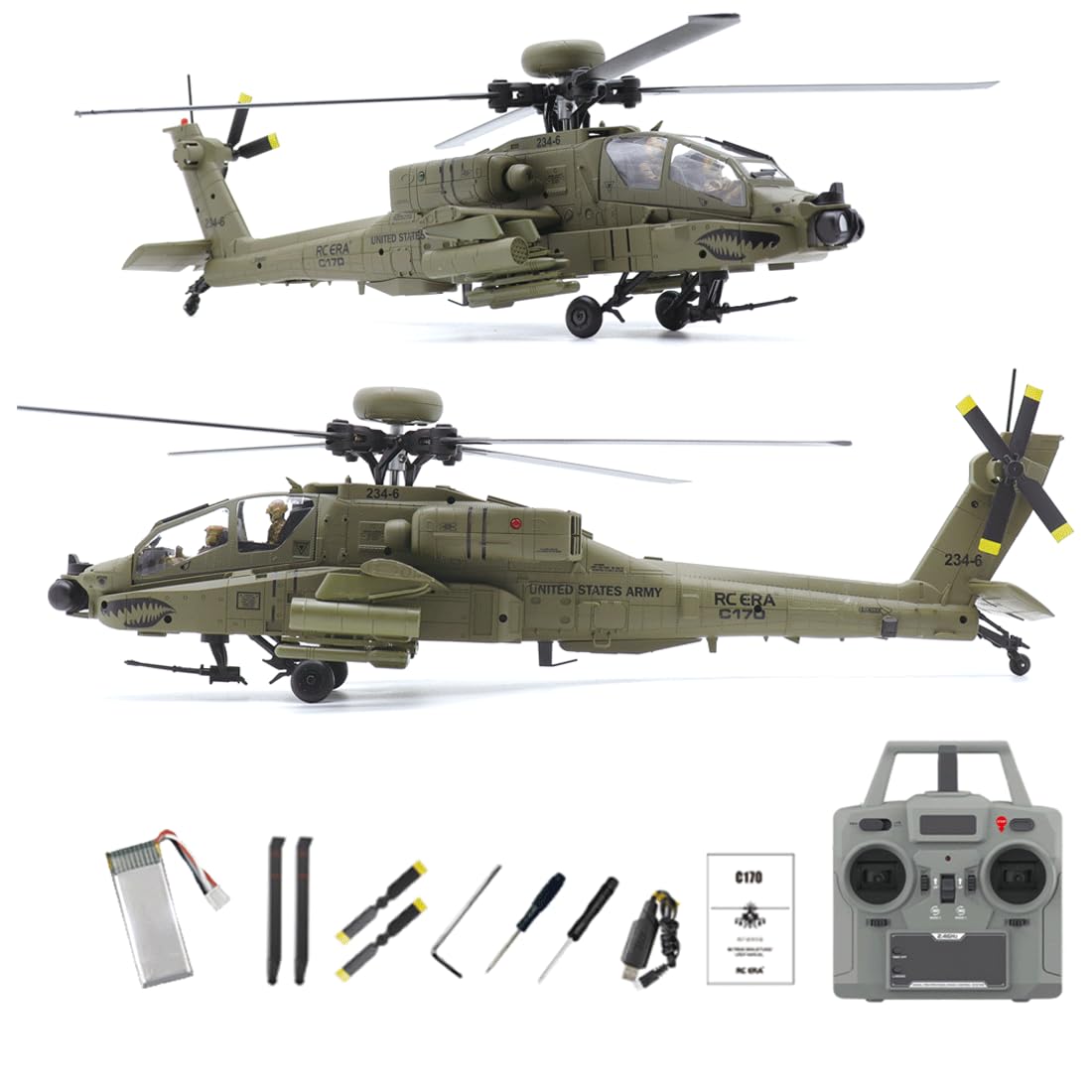 NULA RC-ERA C170 AH-64D RC Helicóptero 1:48 Flybarless Militar Avión Militar, 2,4 G 6 CH con posicionamiento de flujo óptico, mantenimiento de altitud, motor sin escobillas, verde militar invertido/1