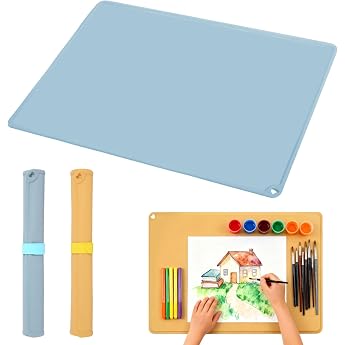 Pack of 2 Painting Mats for Children 60 x 40 cm Craft Mat Silicone Mat Large Craft Mat Children Non-Stick Kneading Mat Children's Place Mat Silicone for Painting Handmade Resin Sand Art Blue Yellow