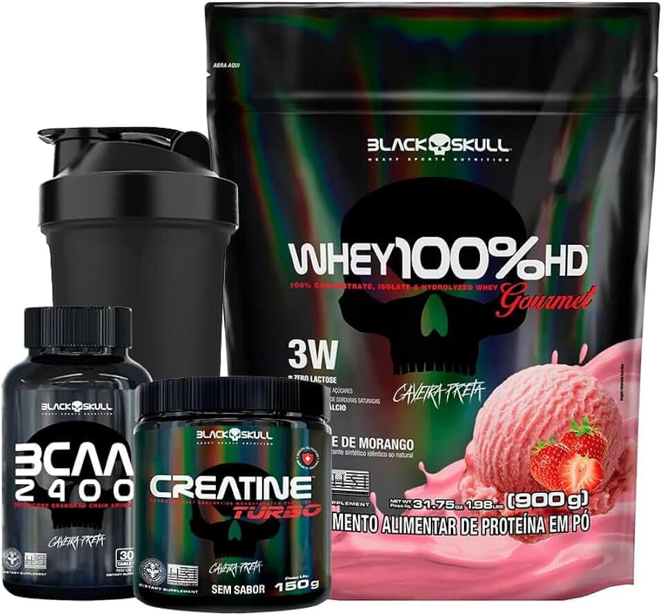 Combo Whey 100% HD Gourmet + Bcaa + Creatina- Black Skull (Morango)