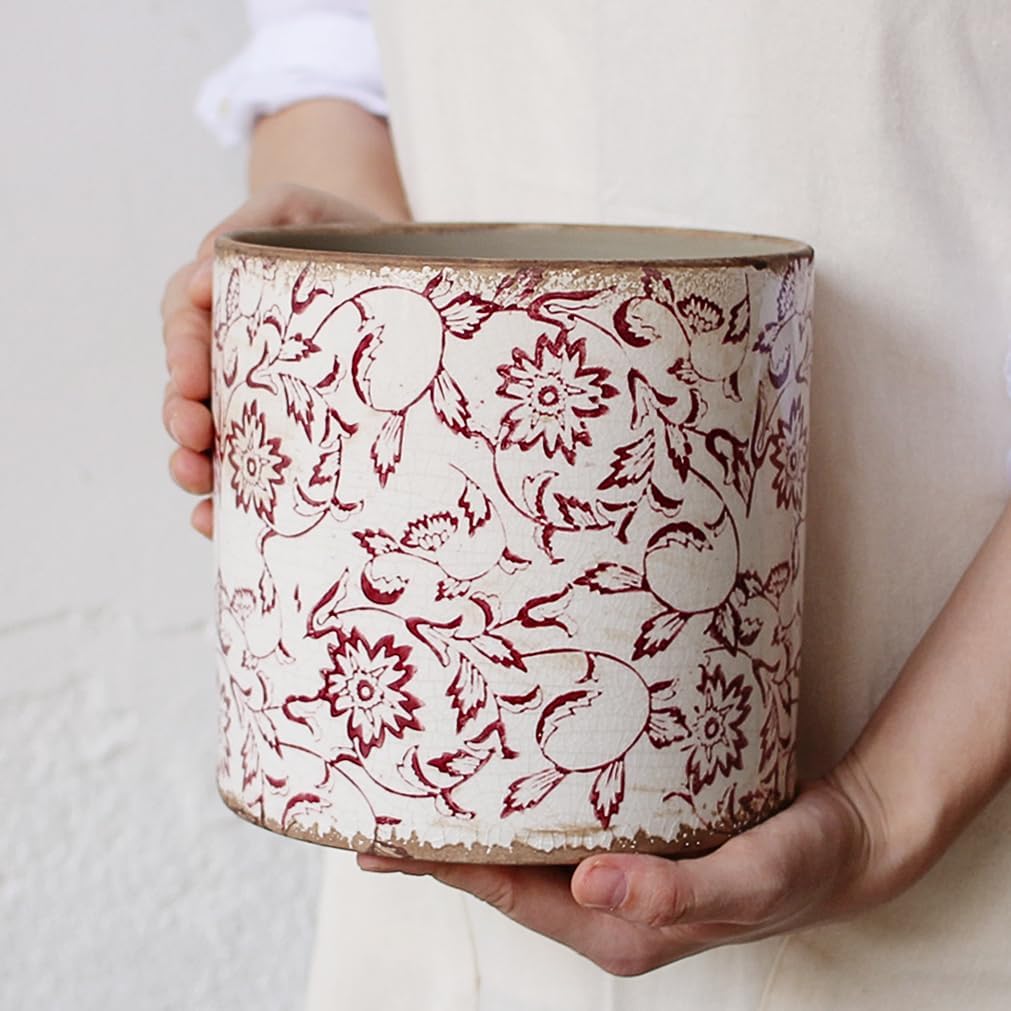 Decorative Planter Cachepot for Indoor Plants & Artificial Flowers, Terracotta Pots Vintage Rustic Ceramic Flower Pots, French Country Style for Bookshelf & Tabletop Home Decor, Gift (Burgundy)