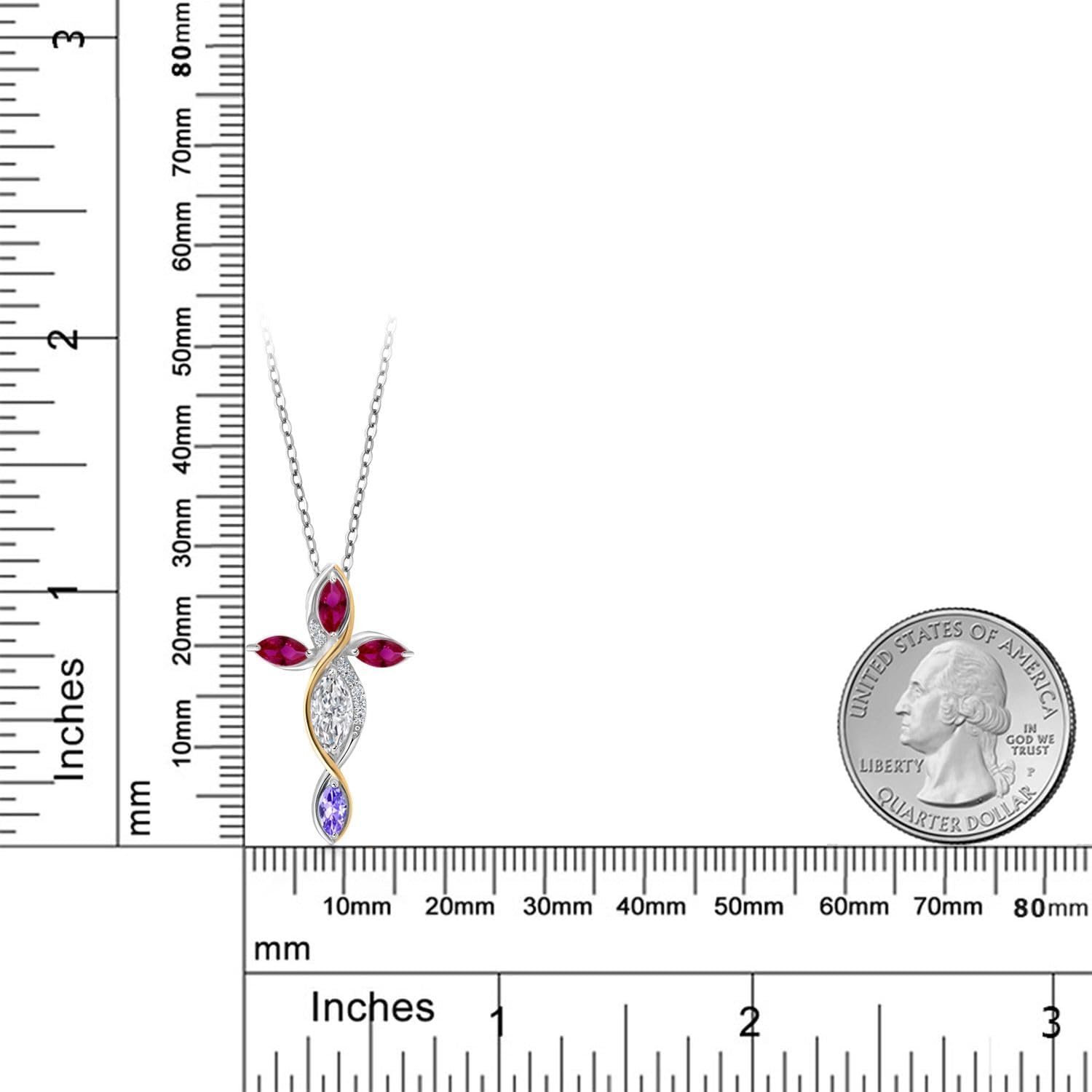 Cross Necklace For Women In 925 Silver and 10K Yellow Gold with Lab Grown Diamond and Created Ruby and Tanzanite | 1.49 Cttw | Jesus Christian Religious Crucifix | Marquise Cut 8X4MM | 18 Inch Chain - Image 2