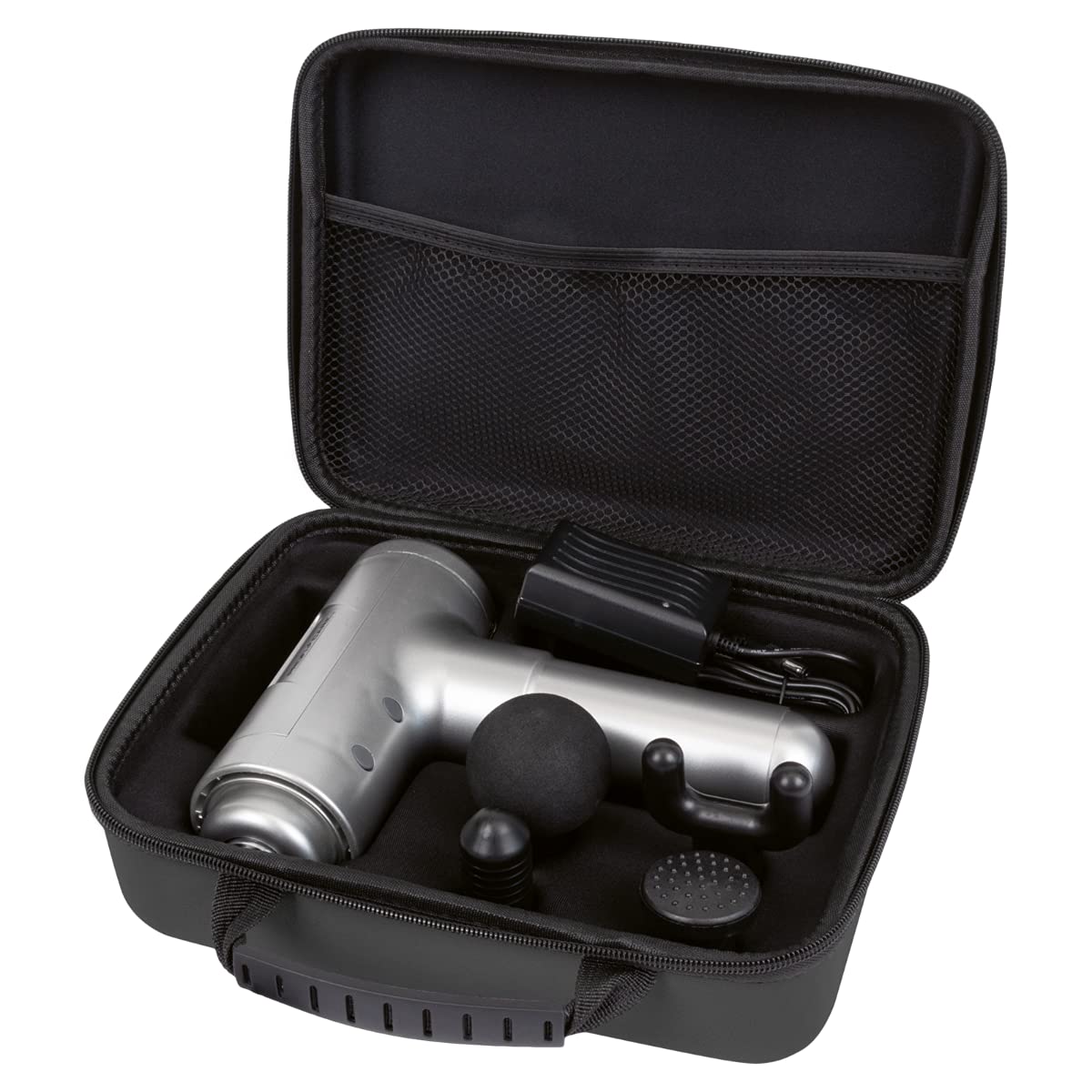 ProfiCare® Pistolet do masażu, pistolet do masażu, 1900 – 2800 uderzeń/min, 3 poziomy intensywności, czas pracy baterii 4 godziny, 4 wymienne nasadki, 8 diod LED do informacji o stanie pracy | PC-MP