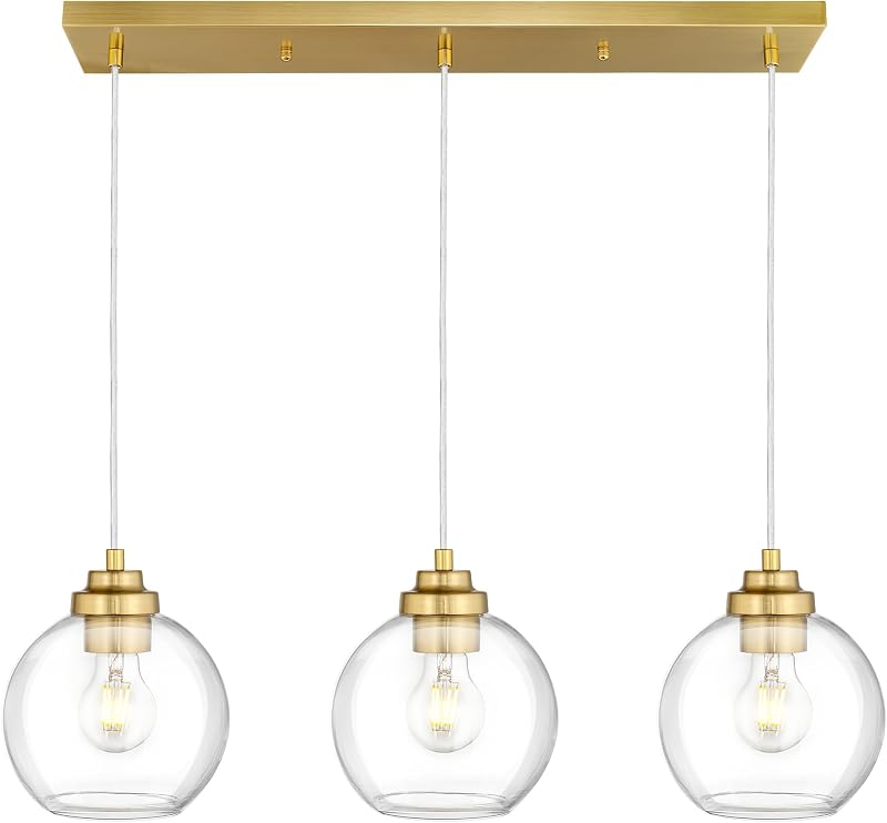 8-Inch Gold Kitchen Island Light,Clear Globe Glass,3-Light,BG-3S | Hanging Pendant Light,E26 Socket,for Kitchen Island,Dining Table,Foyer,Ceiling-Mounted Lighting Fixture