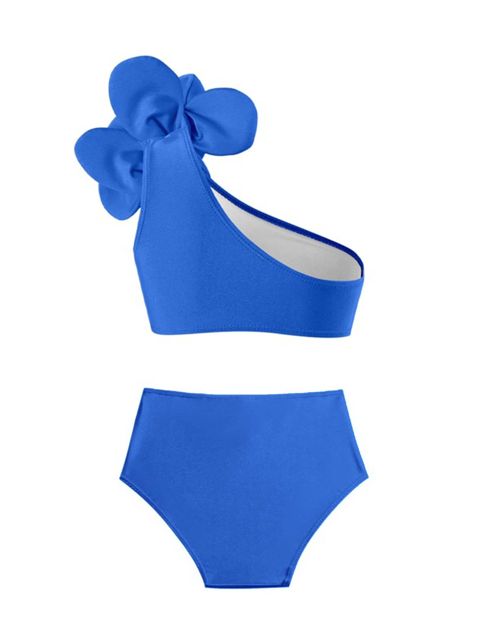 IDOPIP Girls 3D Flower One Shoulder Swimsuit Bikini Sets Kids Two Pieces Bathing Suits Toddler Ruffle Beach Swimwear Solid Color High Waisted Cover up Swimsuits Costume Blue 5-6 Years