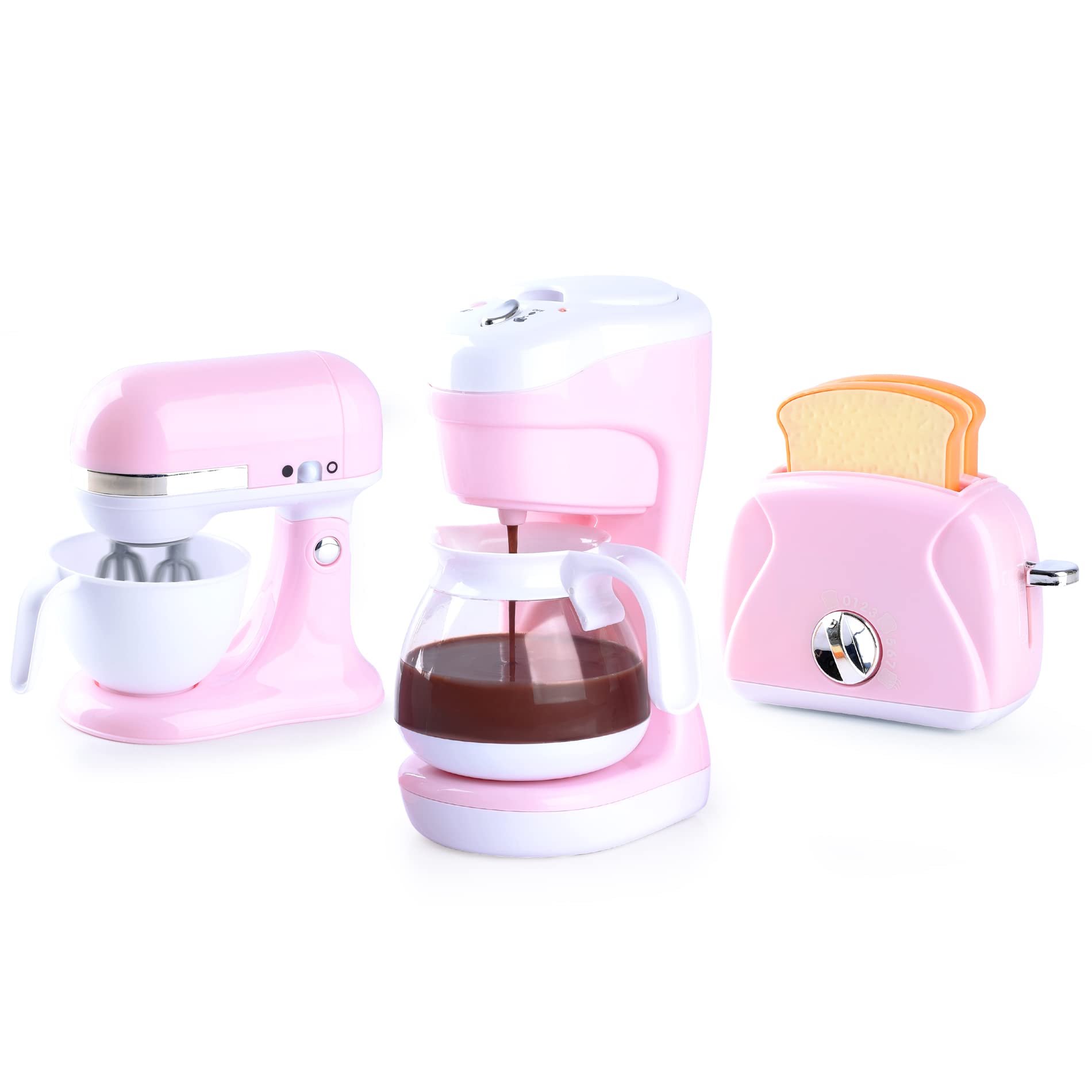 Kitchen Appliances Toy, Kids Kitchen Accessories Set, Kids Kitchen Pretend Play Playset,Coffee Maker Machine, Mixer,Toaster with Realistic Sounds,Gift for Boys Girls Ages 3+, Pink