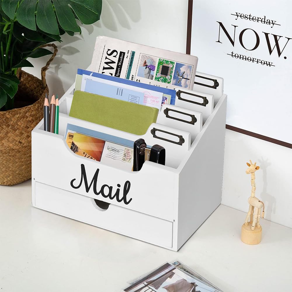 Hölzernen Schreibtisch Mail Organizer, Mail Organizer Arbeitsplatte mit 4 Fächern und Schublade für Büro Schule Rechnungen Dokumente, Weiß Holz Schreibtisch Organizer