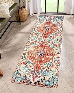 KIMODE Small Indoor Area Rugs 60*90cm,Oriental Distressed Boho Floral Medallion Bath Rug,Faux Wool Soft Non-Slip Washable Low-Pile Carpet for Bathroom Kitchen Laundry Room Decor