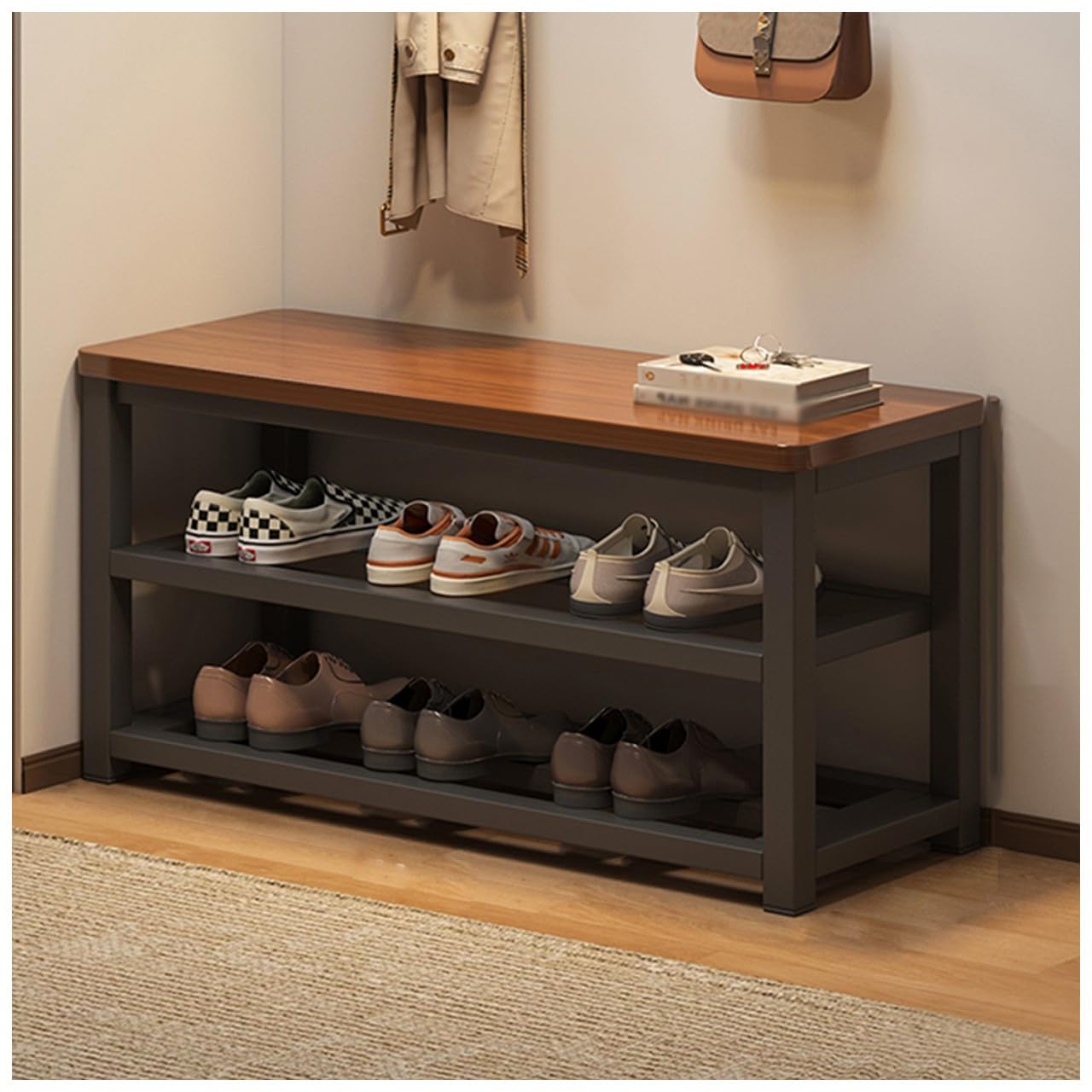 Banc de rangement d'entrée en bois avec étagère à chaussures à 2 niveaux