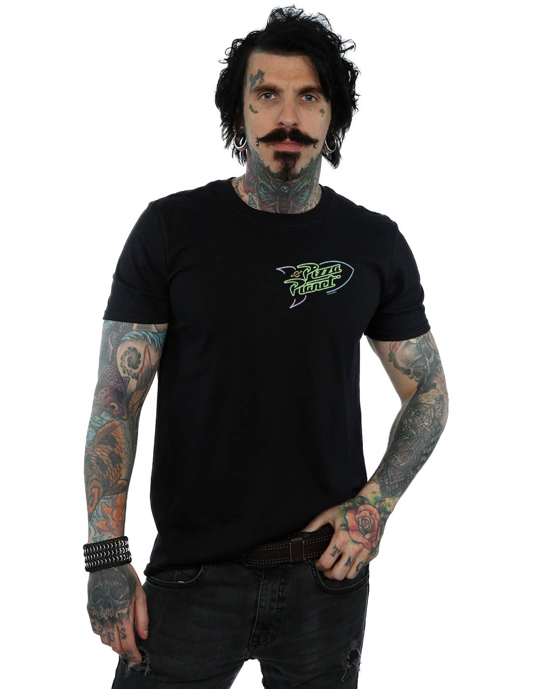 Disney Men's Black Toy Story Neon Pizza Planet Breast Print T-Shirt