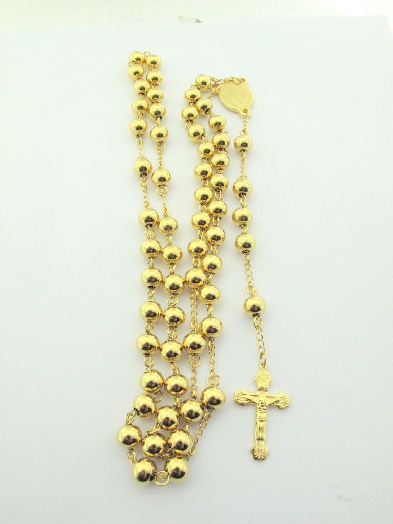 14k Yellow Gold Finish 8MM Mens Rosary Chain Necklace Cross
