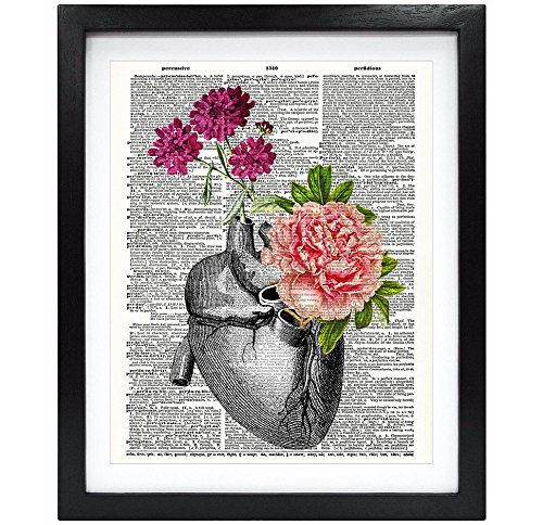 Susie Arts 8X10 Unframed Flowery Heart Upcycled Vintage Dictionary Art Print Book Art Print Anatomical Art Print Wall Art V091