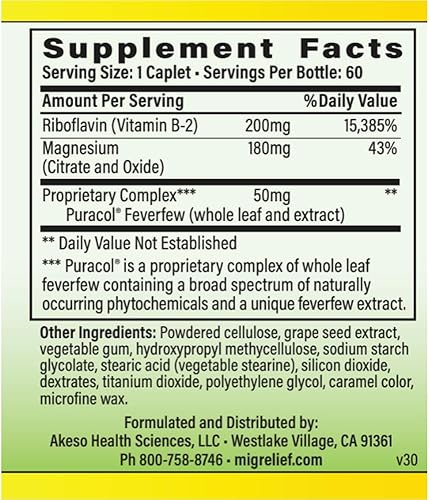 Vista 3 de Migrelief, Fórmula original, Terapia triple con puracol, 60 cápsulas, AKESO698423, paquete de de 1, 1, 1