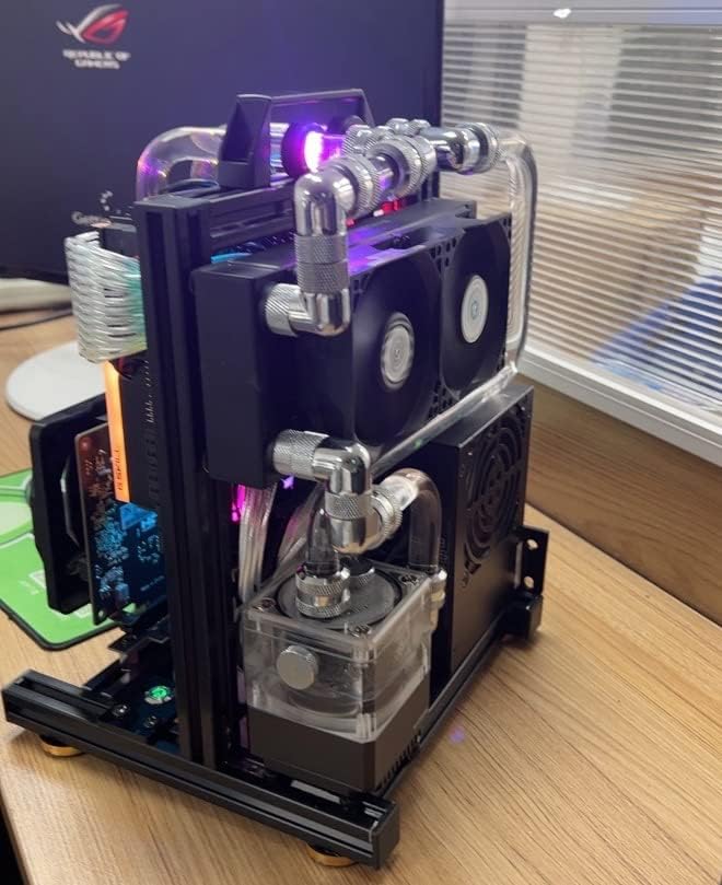 Image of ITX (17 x 17cm) PC Motherboard Open Case Frame, Open Bare Metal Air Water Cooling Fan Stand (Black)