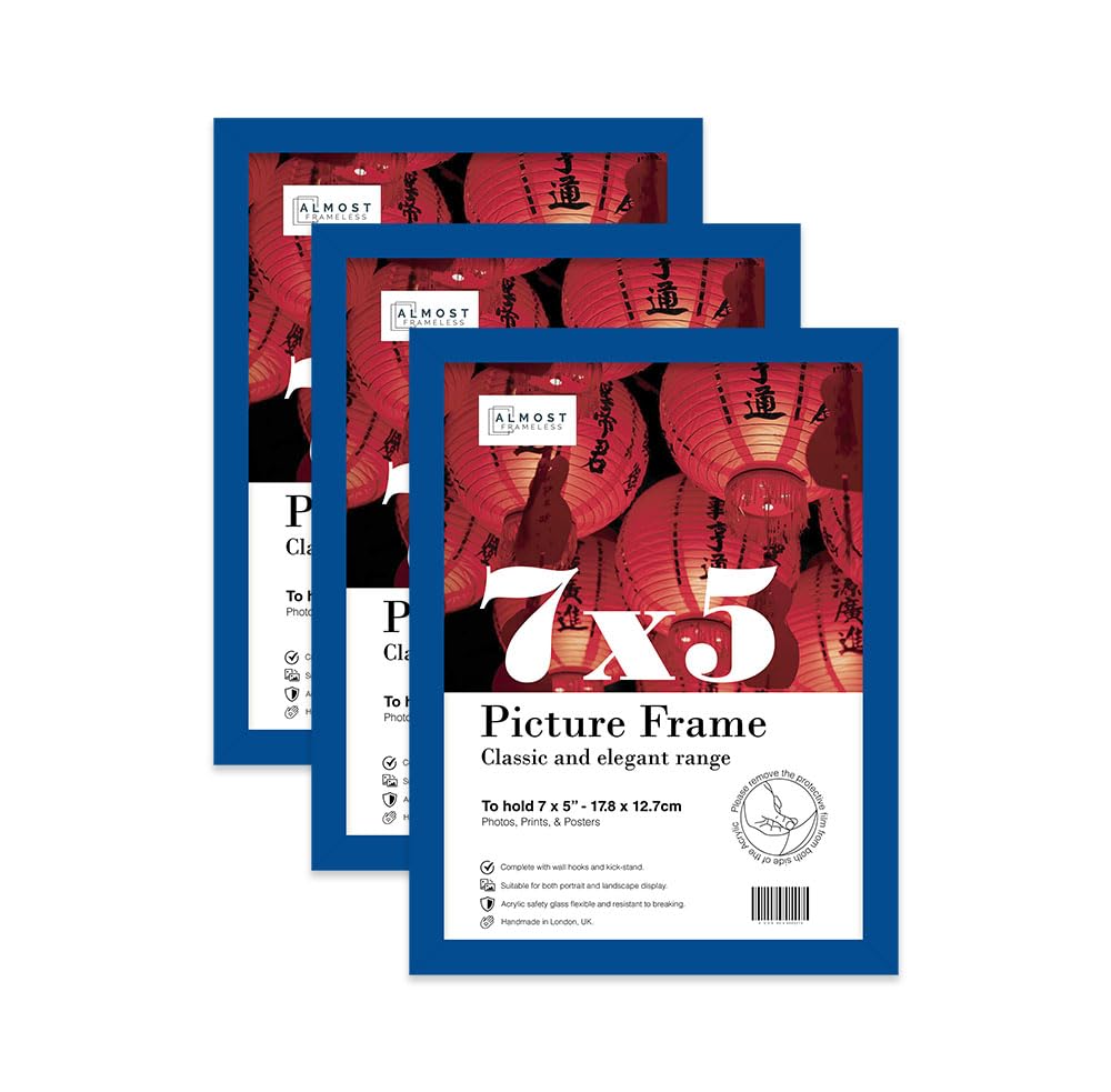 Almost Frameless 7x5 Blue Picture Frame Set of 3, Display 7x5 Picture Gallery Wall, Poster, Photo, Artwork, or Print, Yellow