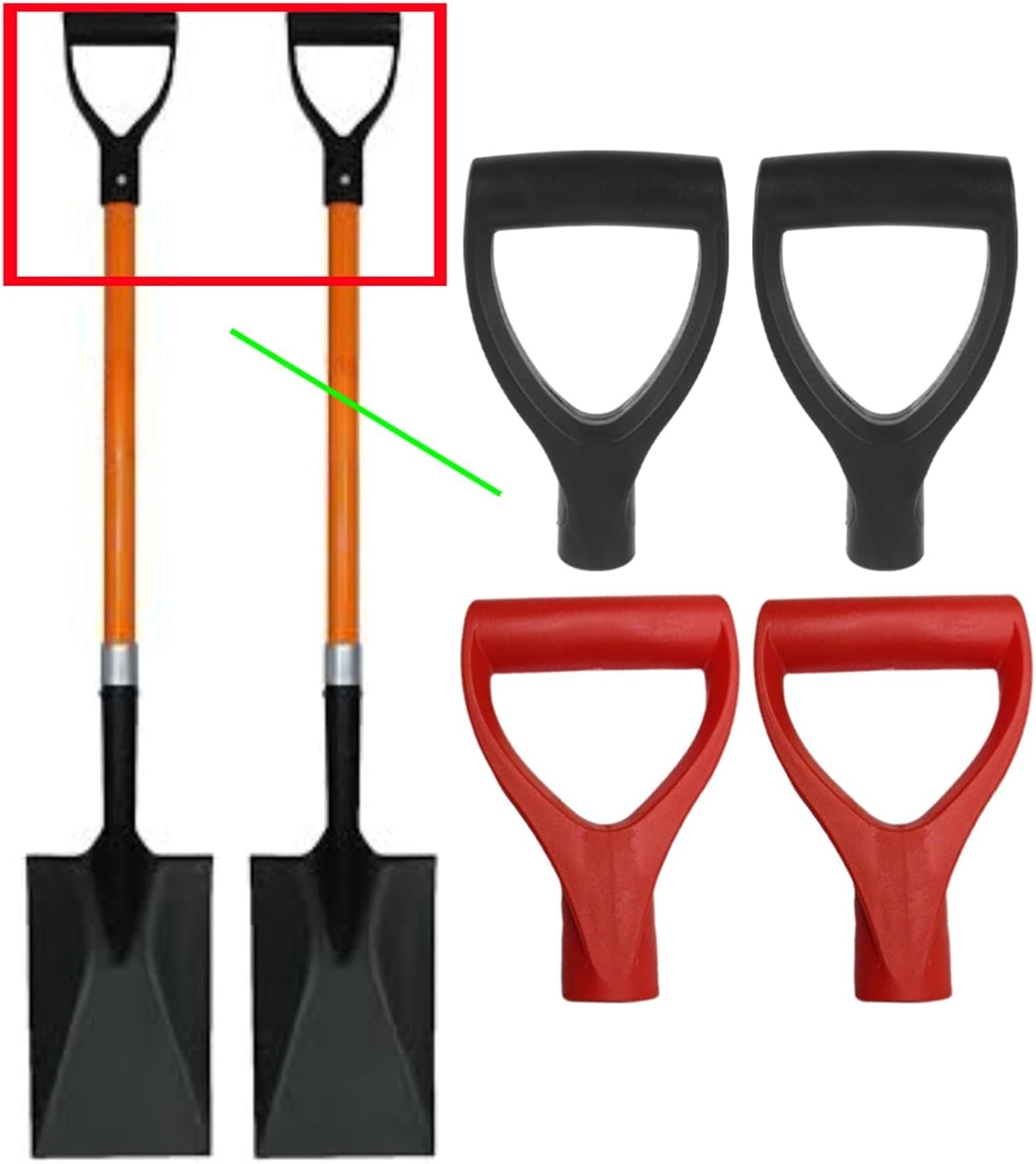2Pcs Shovel Handle D Shaped Grip Plastic Replacement for Garden Digging Rake Tool Red Black(Red)