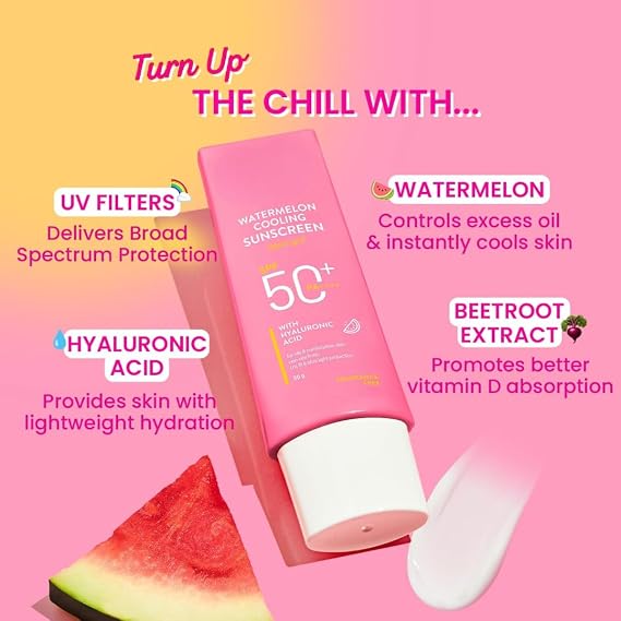 Watermelon Cooling Sunscreen, SPF 50+ PA++++, Hyaluronic Acid, Oil Control, No White Cast, 50g