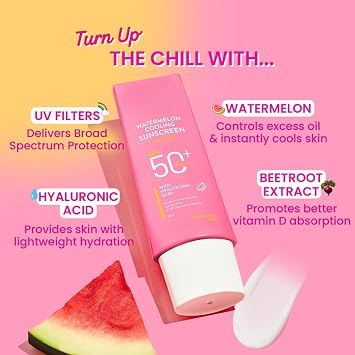 Watermelon Cooling Sunscreen, SPF 50+ PA++++, Hyaluronic Acid, Oil Control, No White Cast, 50g