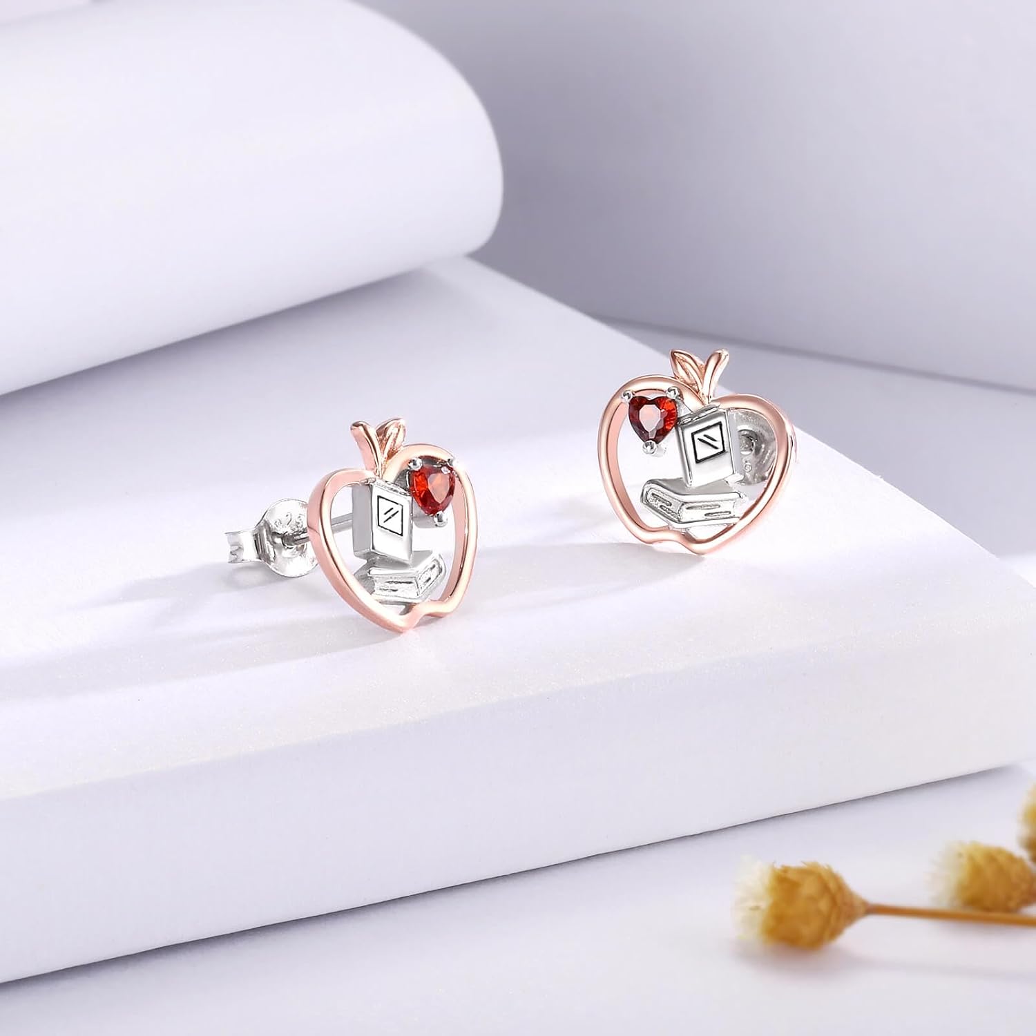 Teacher Apple Appreciation Earrings for Women - Sterling Silver Apple Books Ruler Stud Earrings With CZ Thank You Teacher Appreciation Week Jewelry Gifts for Teachers