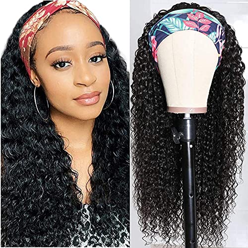 Jessie's Selection Deep Wave Headband Wigs Human Hair Curly Headband Wigs For Black Women Brazilian Virgin Human Hair Glueless None Lace Front Wigs Machine Made 150% Density Wig Curly Hair Natural Color 20Inch #TOP5