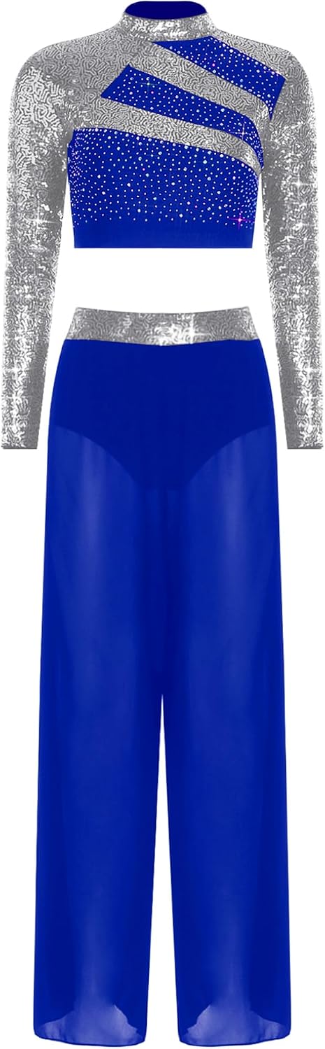 Hularka Two-Piece Lyrical Dance Outfit for Women Sequins Rhinestones Crop Top with Side Split Sheer Chiffon Pants Royal Blue X-Large