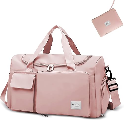 WOOMADA Foldable Travel Duffel Bag for Women, Weekender Bags with Shoes Compartment,Overnight Bag with Wet Pocket & Trolley Sleeve(pink-new)