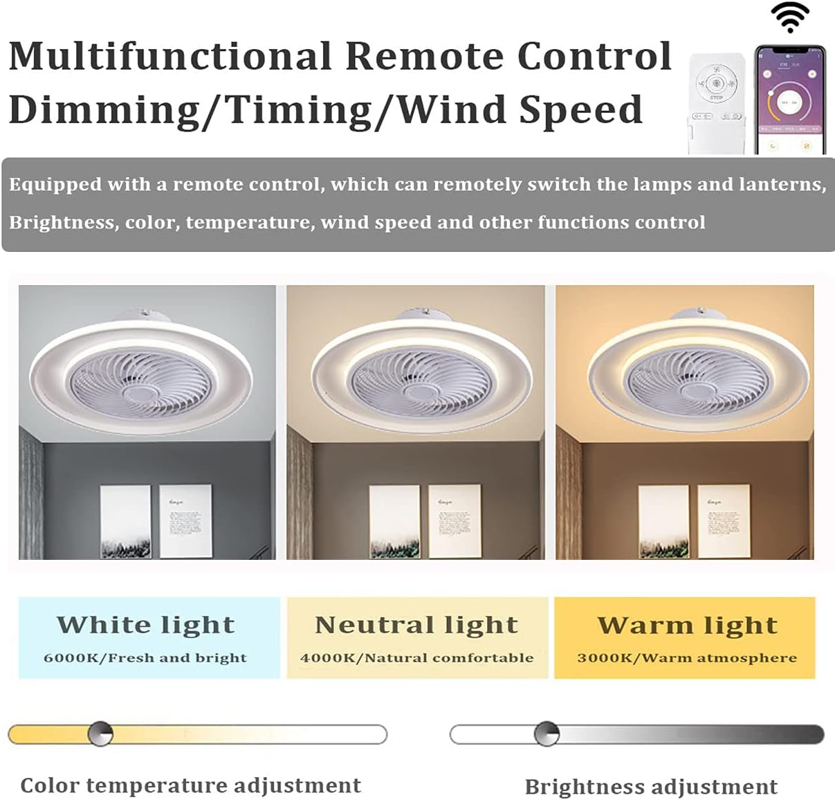 YUEGOO Silent Ceiling Fan with Light and Remote Control 3 Speeds Bedroom Dimmable Led Fan Ceiling Light Modern Living Room Quiet Ceiling Fan Light 72W