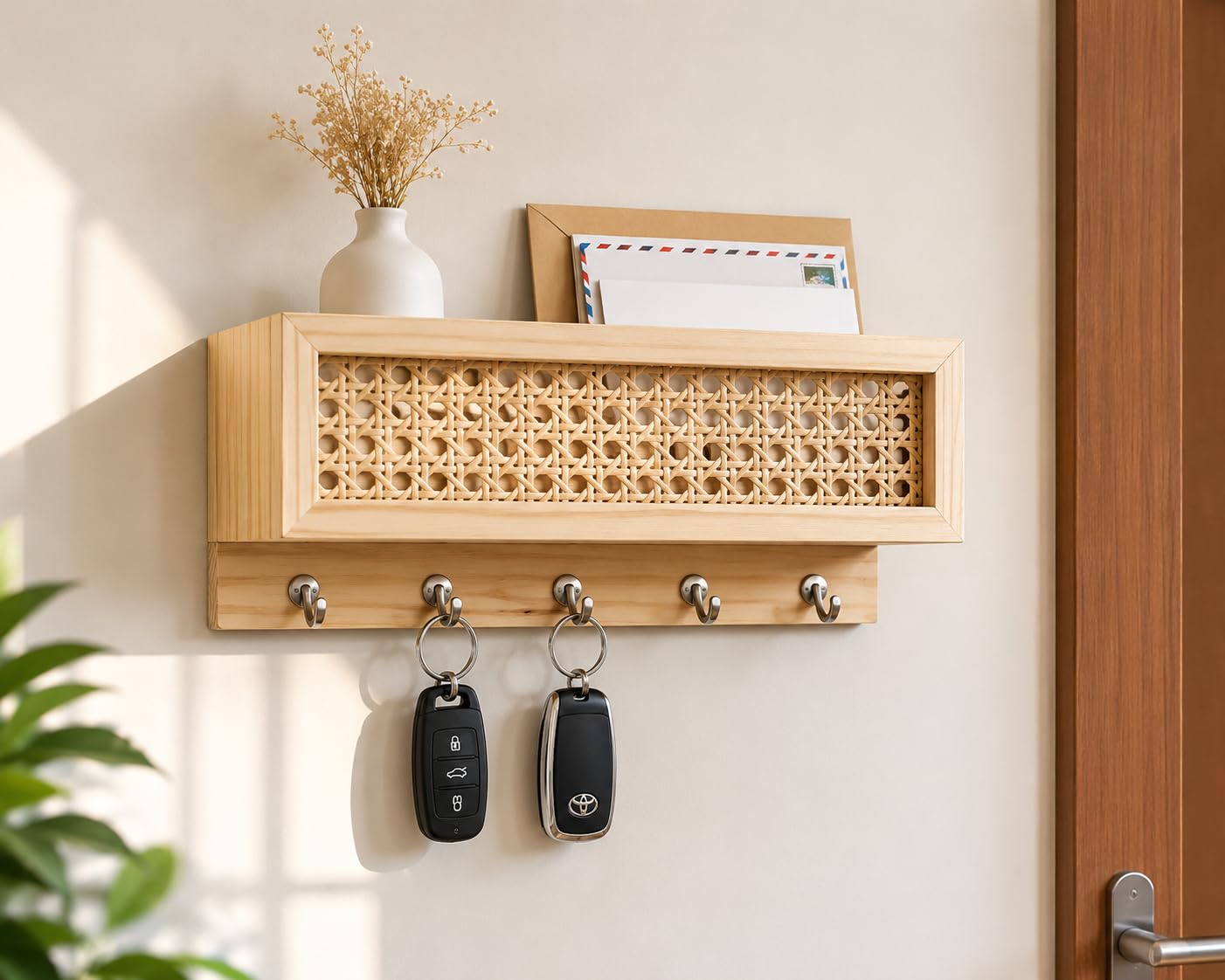 CentraLit Wooden Rattan Key Holder for Home Decor Stylish, Wall Mounted Key Holder with 5 Hooks & Shelf, Key Stand for Wall, Key Hangers for Room, Key Chain Holder for Home-image-15